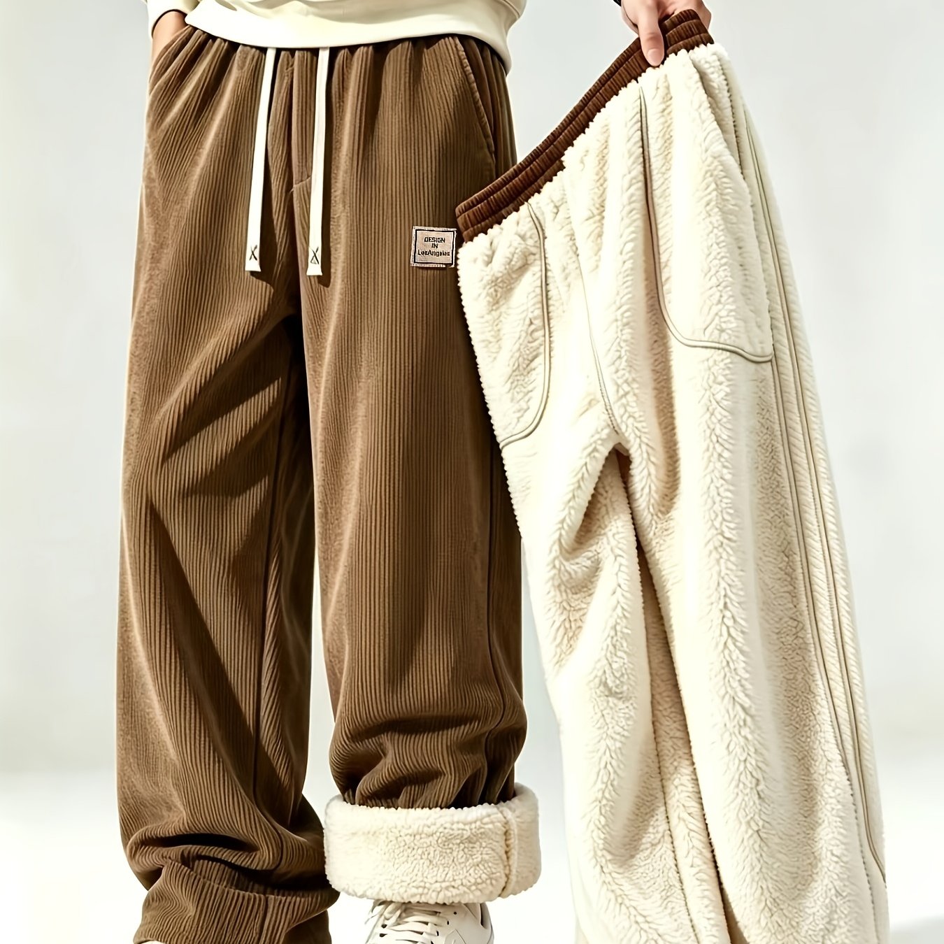 TEMU Baggy Pants Autumn/winter Men's Thickened Corduroy Casual Pants, Loose Straight-leg Drawstring Warm Trousers, Soft Comfortable Versatile