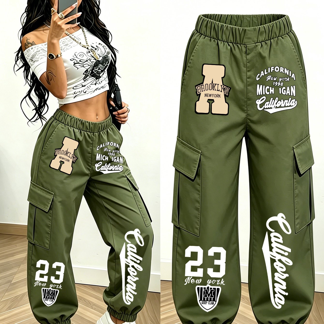 TEMU Pants - Women's Pants (sold As A Single Item) Y2k Campus Retro California23 Digital Large A Letter Printed Work Pants, With Multi Pants And