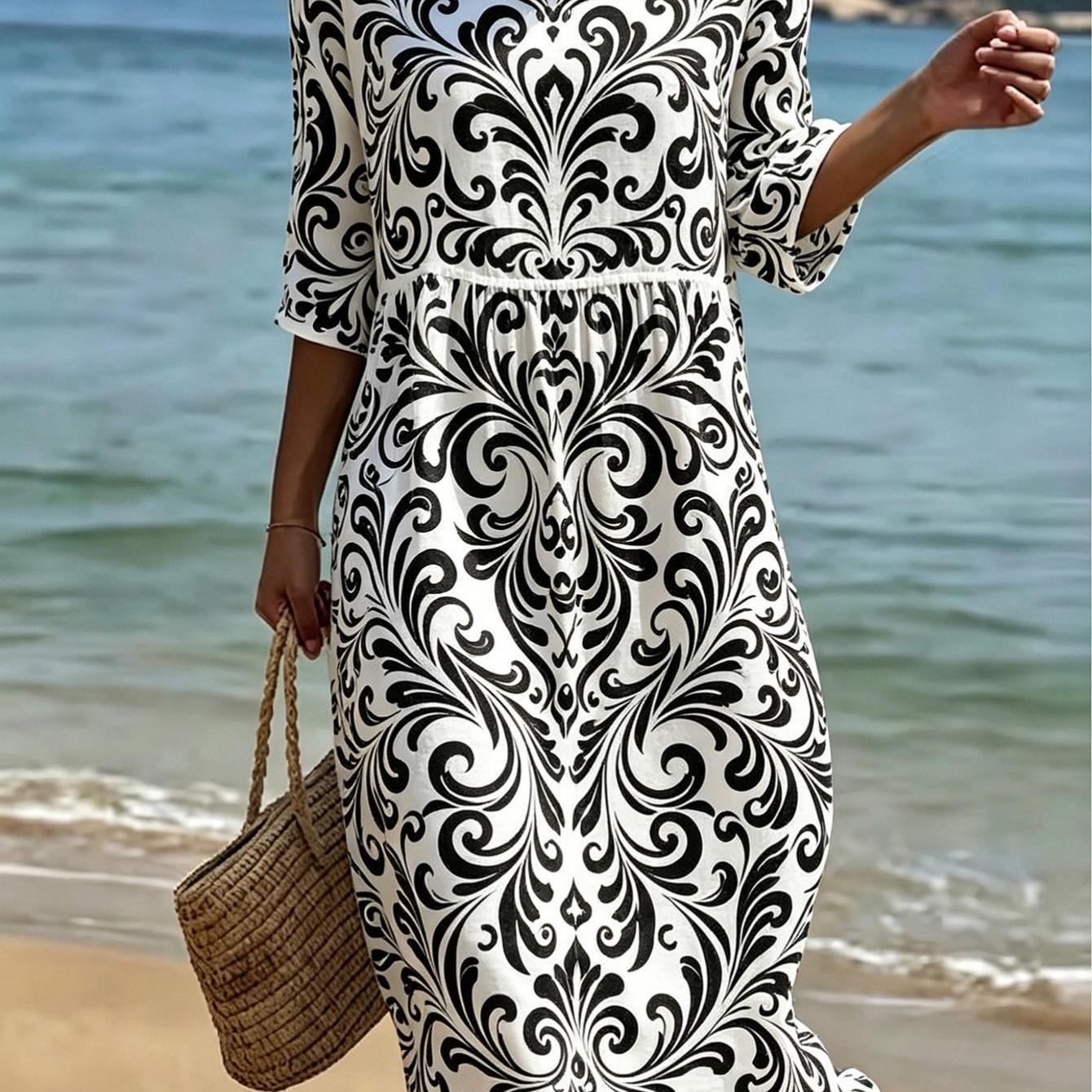 Image of Plus Size - Plus-size Women's Dress With Pockets Three-quarter Sleeves Round Neck Loose High-waisted Pleated Design Black Pattern Bohemian For Beach Trips And Casual Summer Vacations 2d Flat Printing