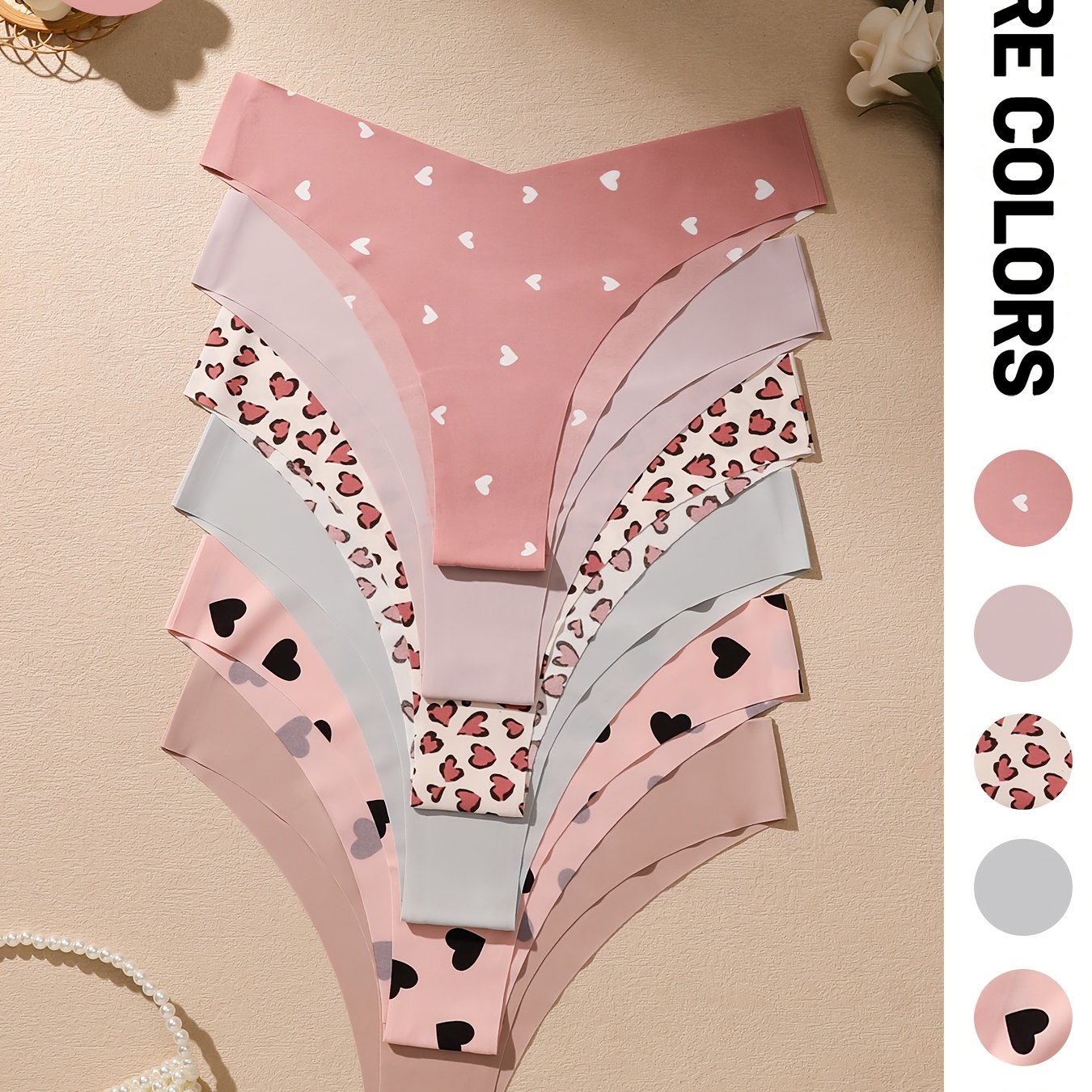 TEMU 6-teiliges Set - Liebes-Leopardenmuster Damenunterwäsche Bequeme Nahtlose Damen Dreieckshose V-Ausschnitt Kordelzugbund Kopf Tanz Yoga Damen
