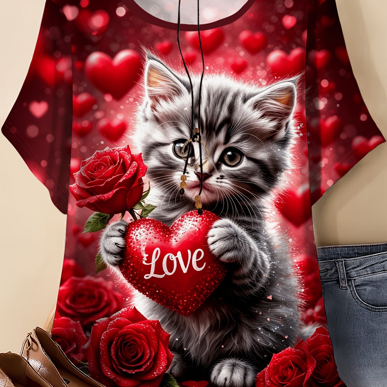 TEMU Plus Size - Women's Elegant Style Short Sleeve, Heart-shaped Cute Cat Print Round Neck, Suitable For Spring Summer Vacation Daily Versatile