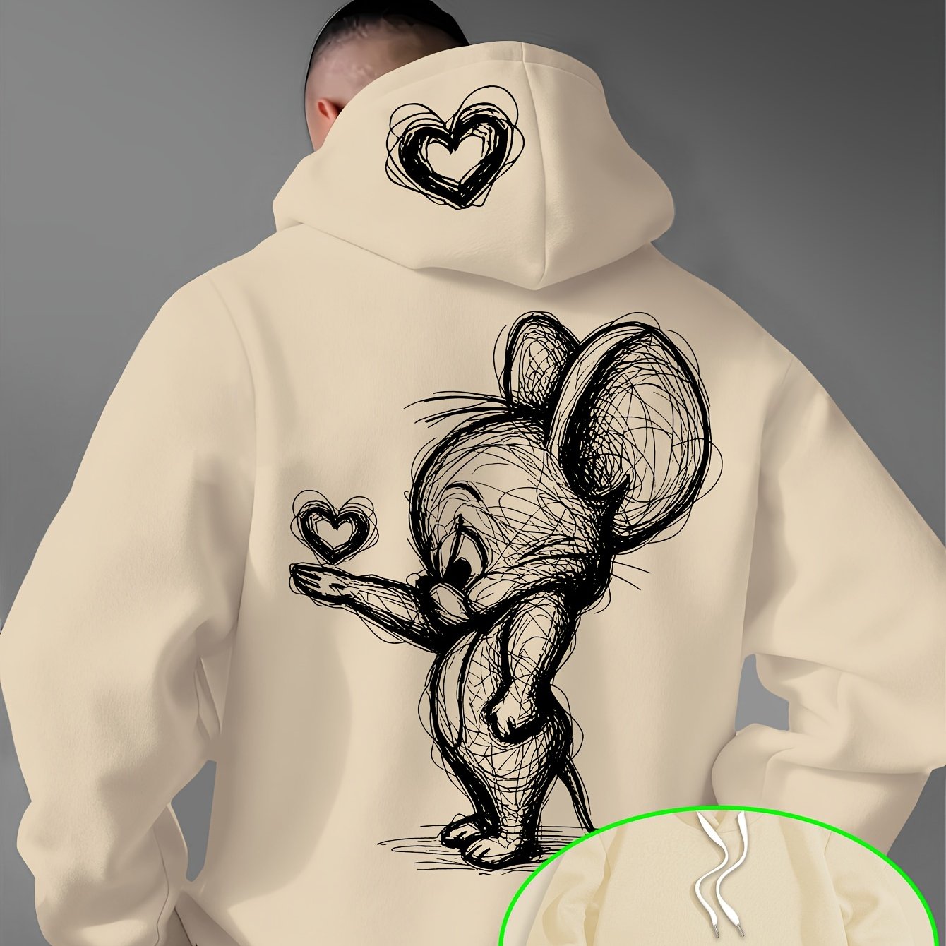 TEMU Character Sketch Heart Print Hooded Sweatshirt With Adjustable Drawstring, Comfortable, Warm, Stylish, And Versatile Men's Casual Sweatshirt