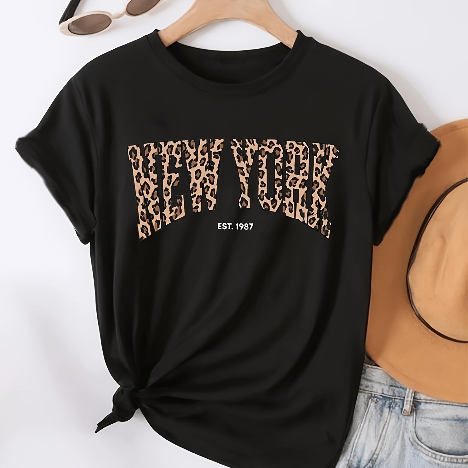 Women's With Leopard Print & Est 1987 Graphic - Short Sleeve Round Neck Casual Top, Suitable For Daily Wear, Outdoor Leisure, Machine Washable, - -branded Compatible Style (multiple Specs )