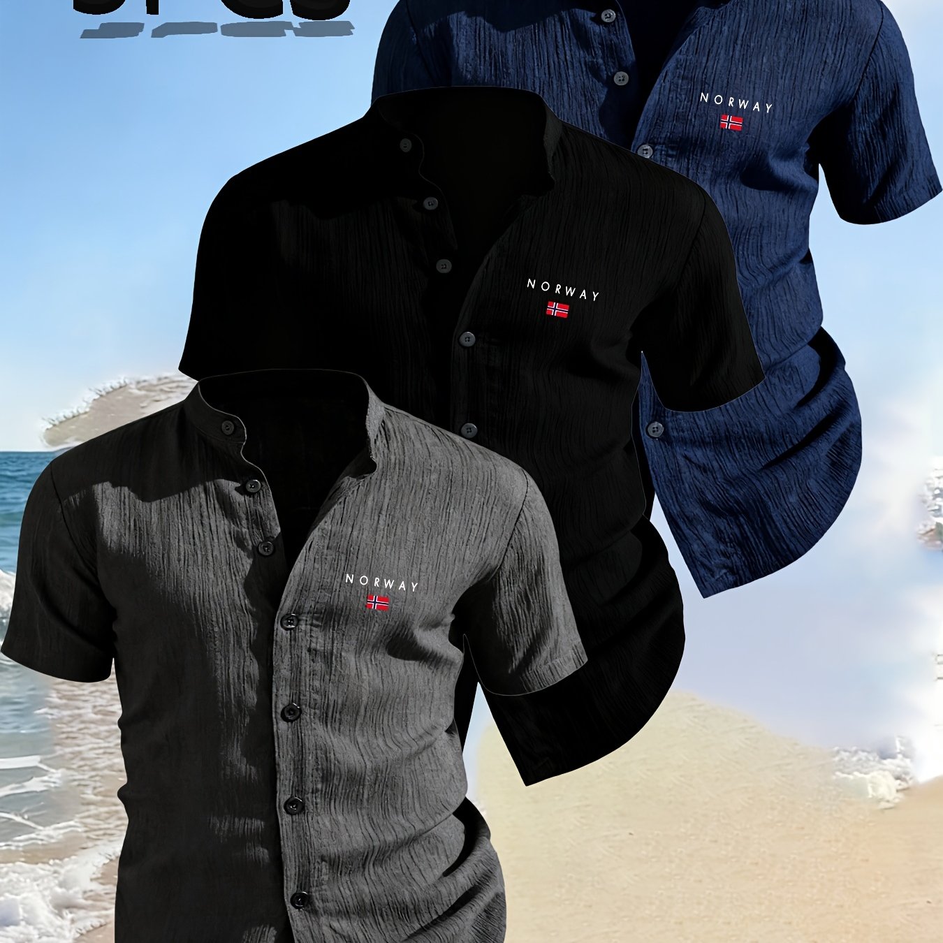 TEMU Obm 3pcs Set, New Style Men's Stand Collar Solid Color Shirt - Geometric Pattern, Spring/-quality Men's Short Sleeve Stand Collar Button- Shirt