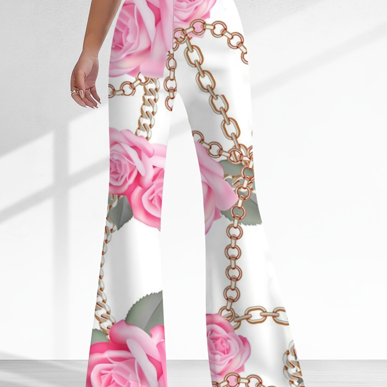 TEMU Autumn Women's Versatile Sweet And Cool High-waisted Lightweight Bell Bottom Pants, Rose Chain Printed Loose And Wide Leg Trousers, High-quality
