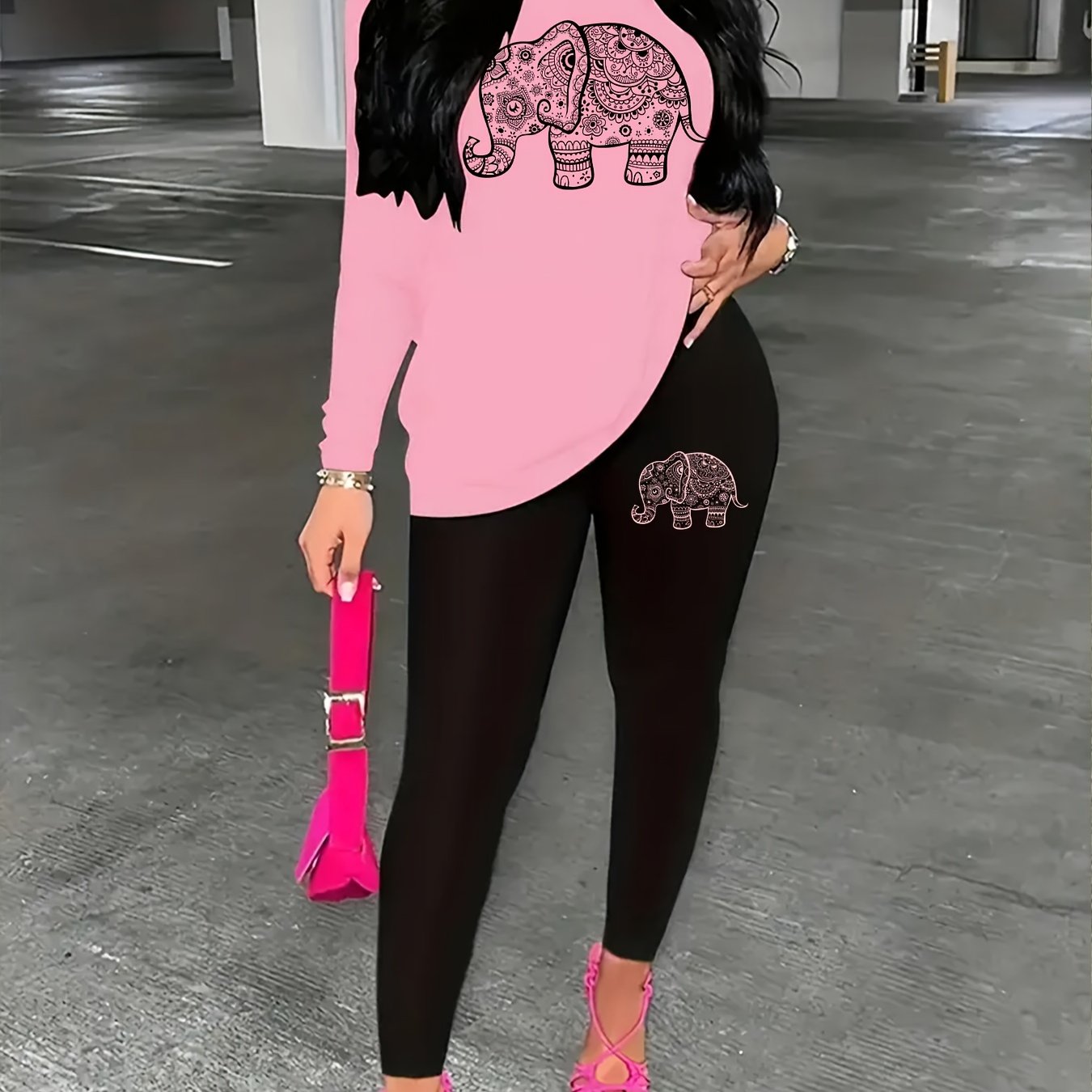 TEMU Z5_1 Cc Whiteblack 1xl Pink Long Sleeve Black Pants Set