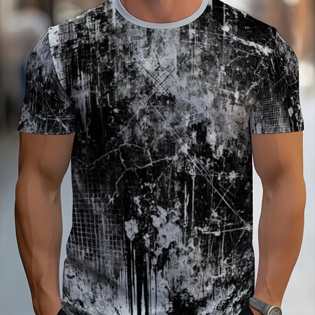 TEMU [printed Design- Not Textured] Men's Casual Sports T-shirt Features An Abstract Black-and-, Is Lightweight And Breathable, Suitable For Daily