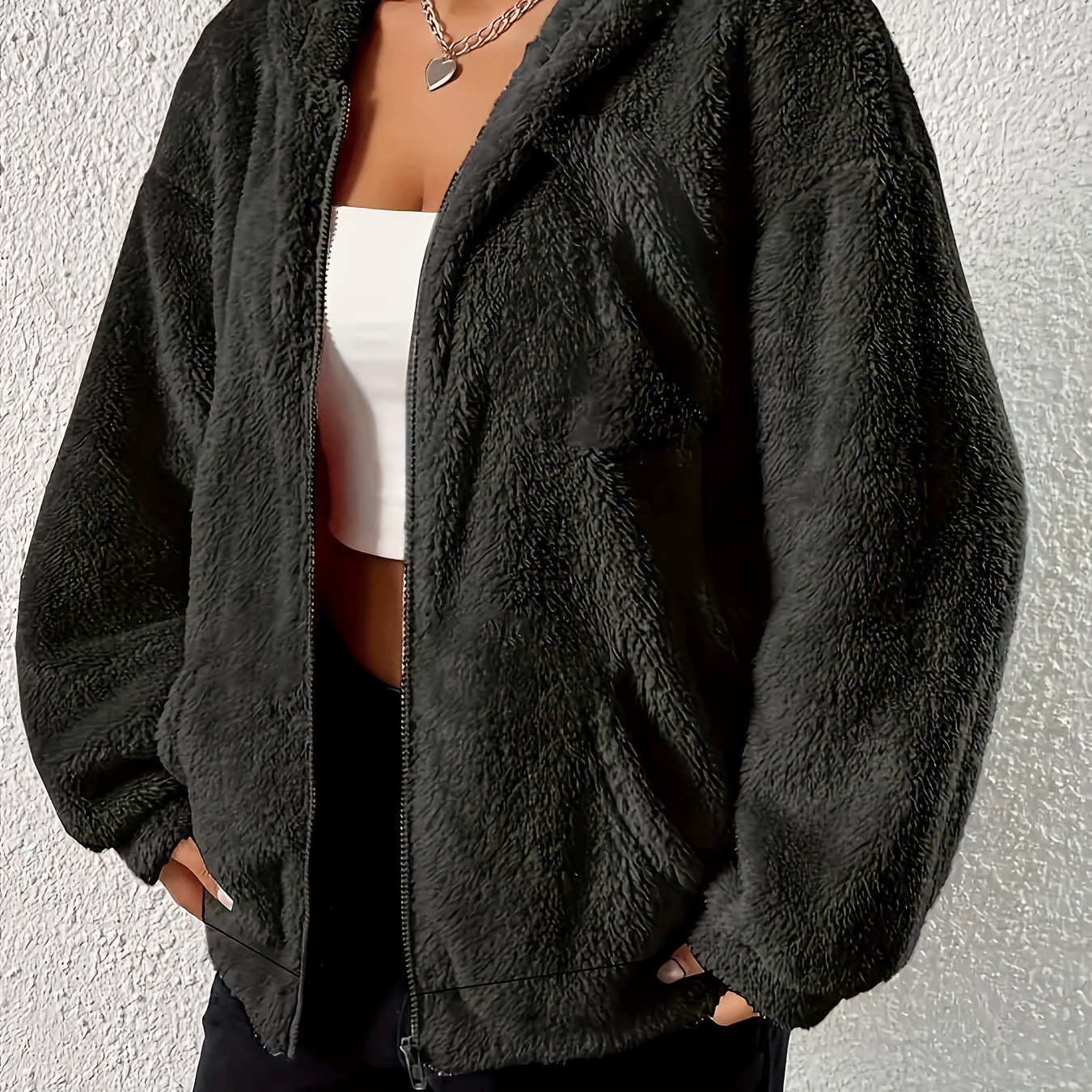 TEMU New Autumn/winter Solid Hooded Loose Fit Zip-up Long Sleeve Warm For Women