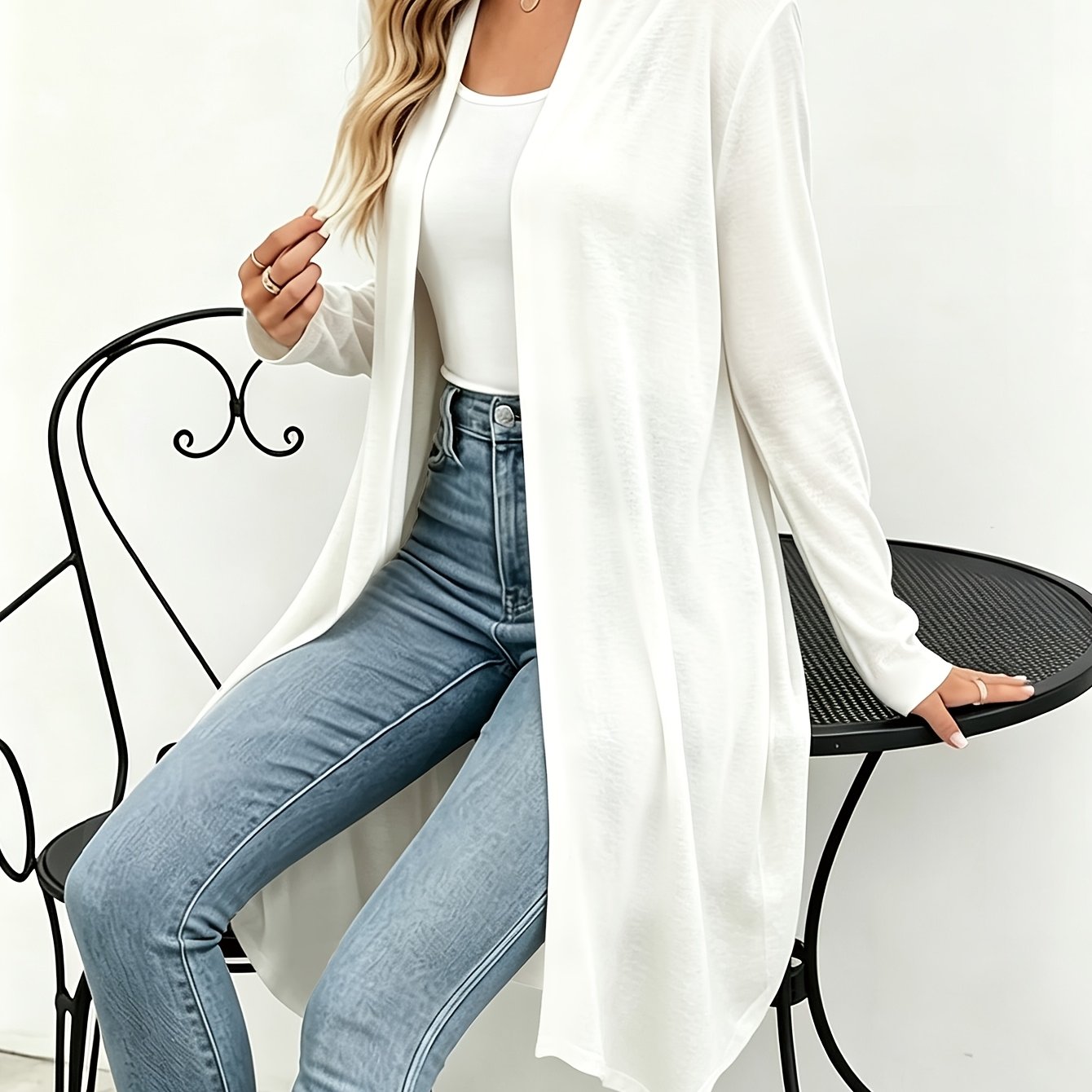 TEMU Women's Casual Mid-length Open Front Drape Thin Cardigan, Solid Color Irregular Hem Long Sleeve Jacket