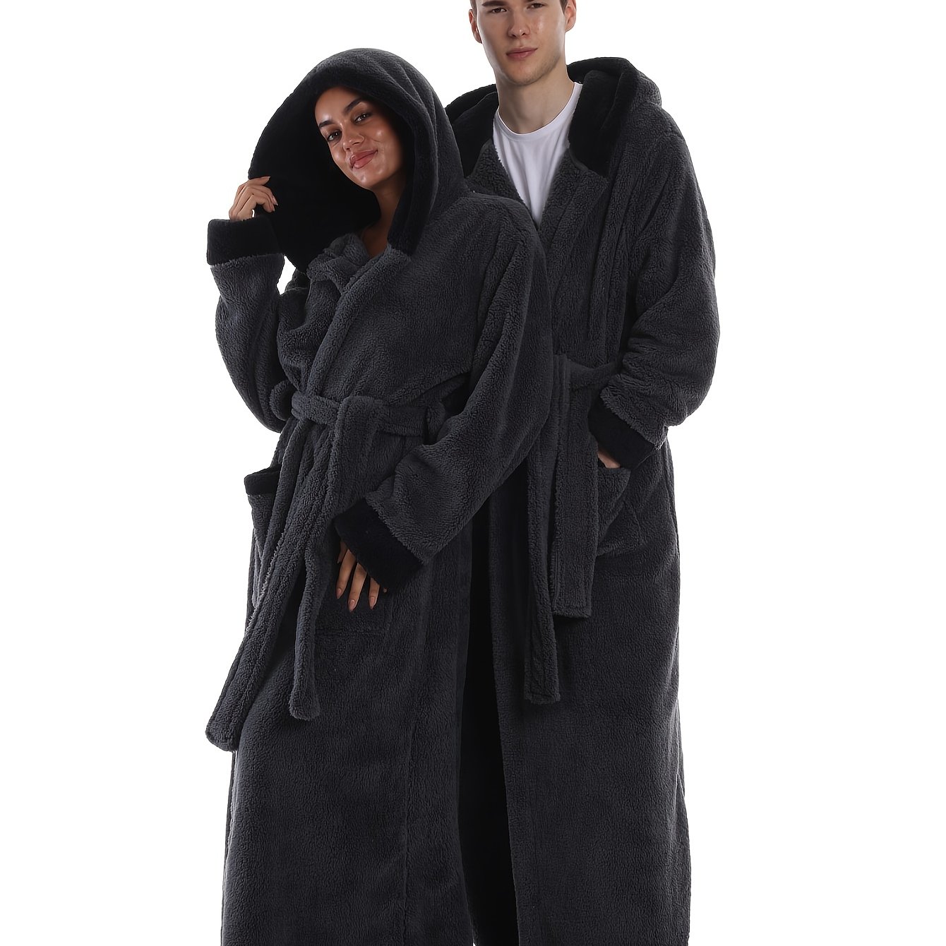 TEMU Fashion Men's Bathrobe Loungewear Belt Style Casual Hooded Couple Fall/winter 2025 New Long Style Thickened Winter Essential