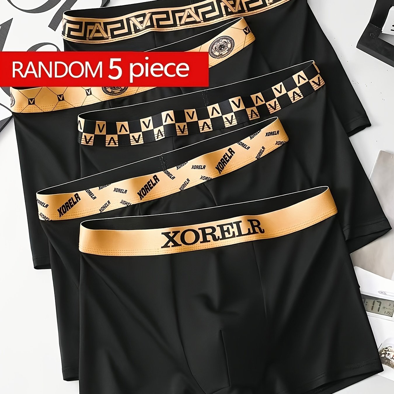 TEMU Random 5pcs Set Of Men's Underwear Contrast Waistbands, , Solid Color Men's Boxing Shorts, Golden Waistband, Casual Wear