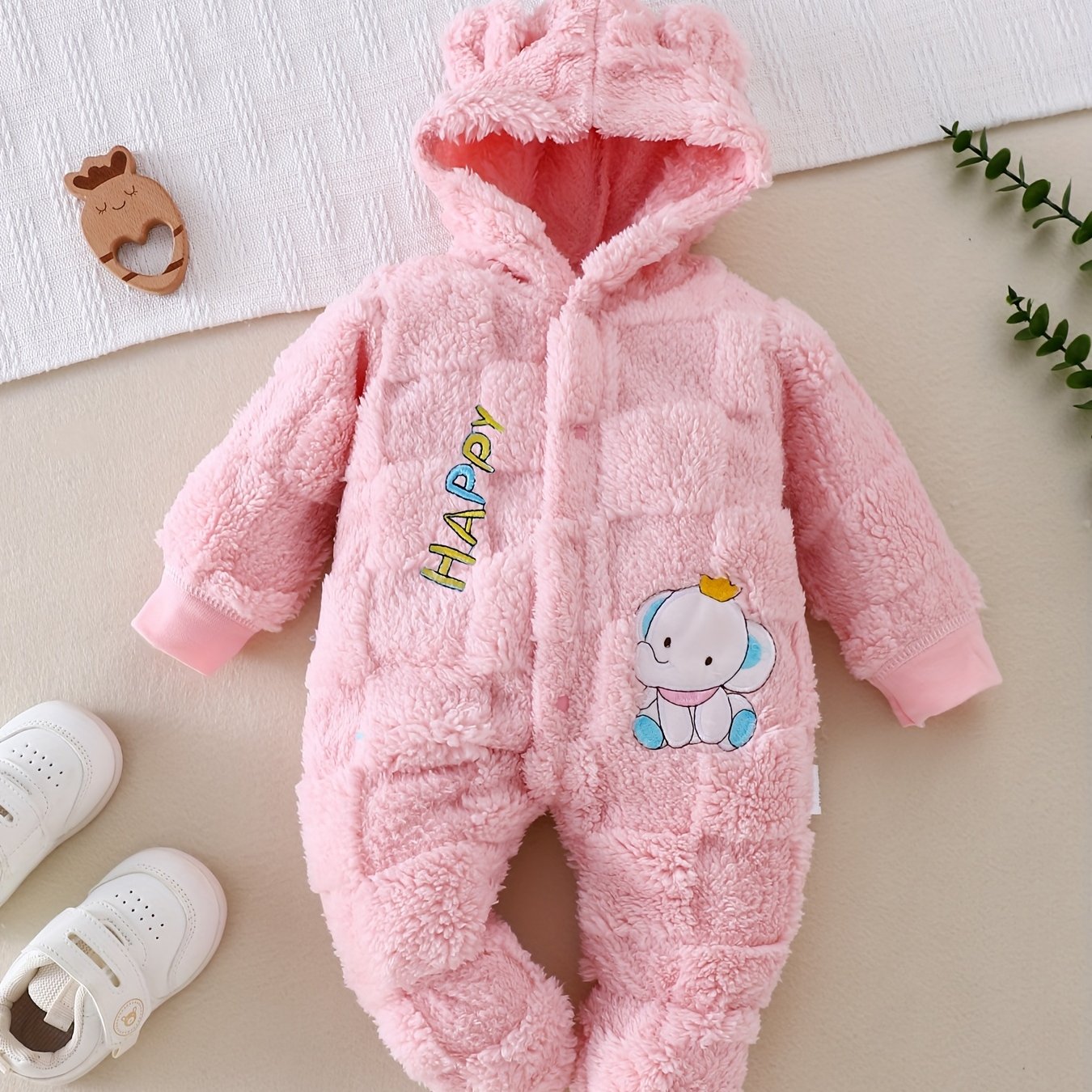 Image of Autumn Winter Thick Bodysuit 0-9 Months Girls Plush Hooded Romper, Pink Happy Letter Embroidery 3d Elephant Applique, Casual Cute, For Outdoor