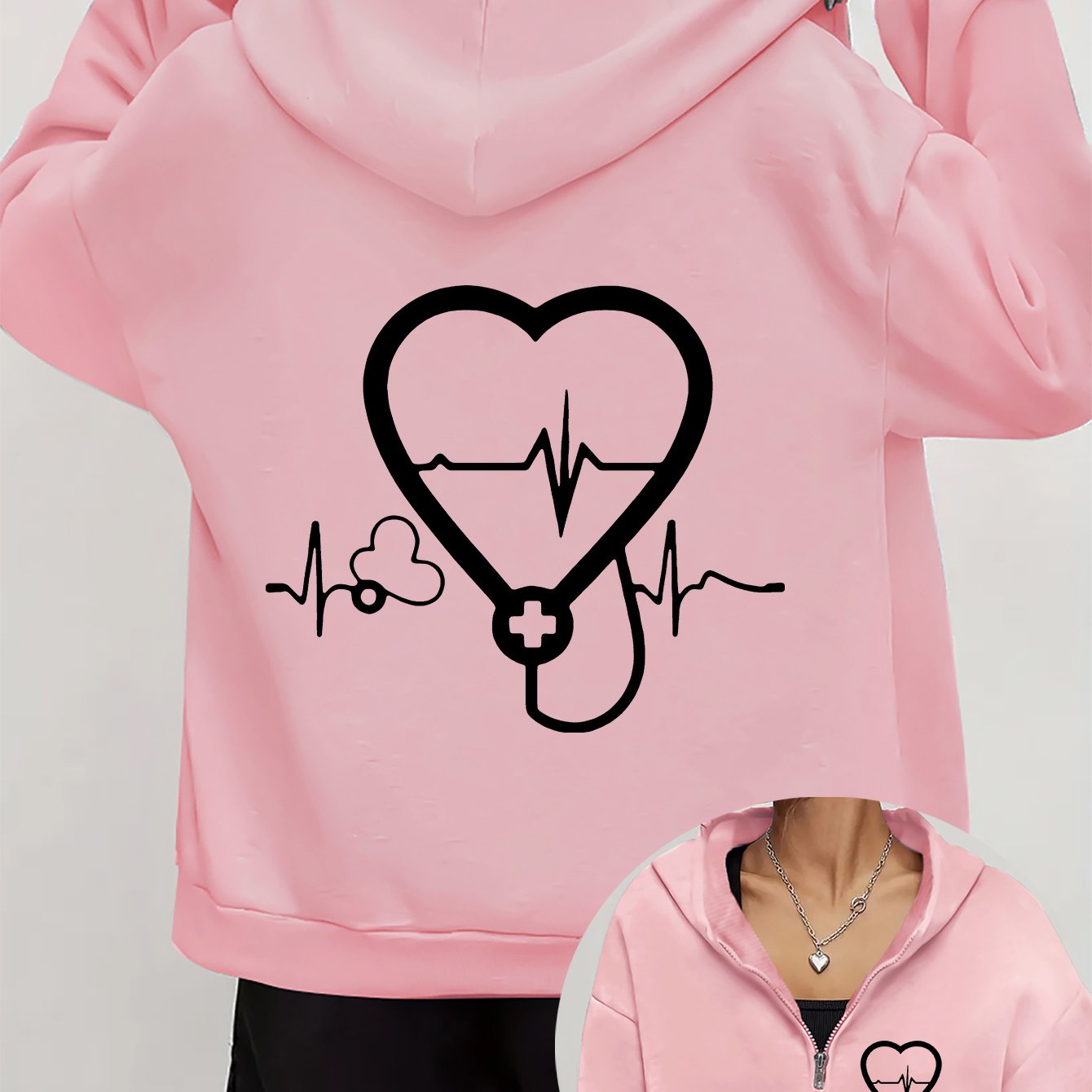 TEMU Love Nurse Pattern Printed Women's Casual Hoodie Jacket, Kangaroo Pocket And Zipper Collar - Machine Washable, Thin Versatile Coat, Perfect Gift