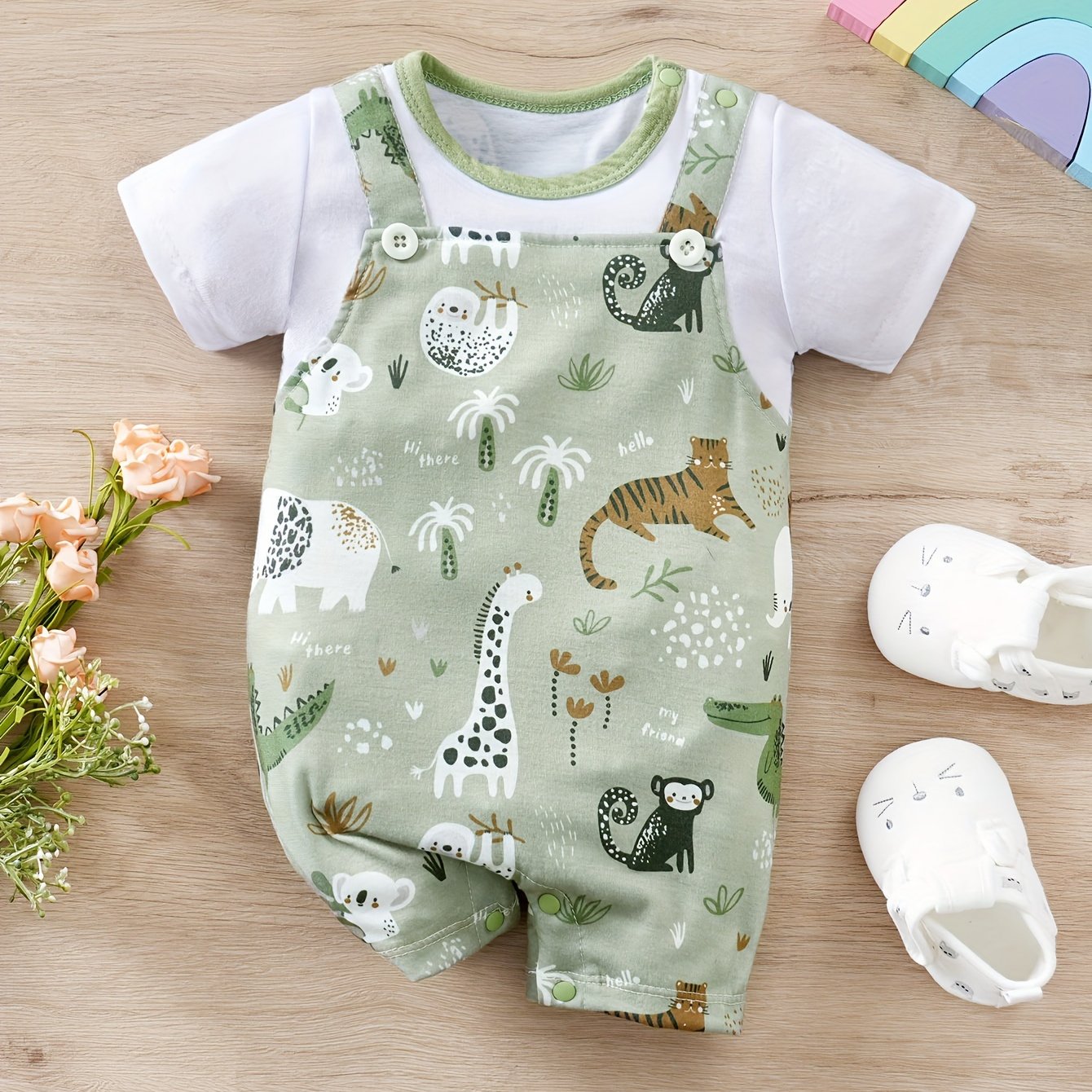 Image of Summer Cute Cartoon Koala Elephant Animal Print Suspender Fake Two-piece Short Sleeve Baby Bodysuit, For Outdoor