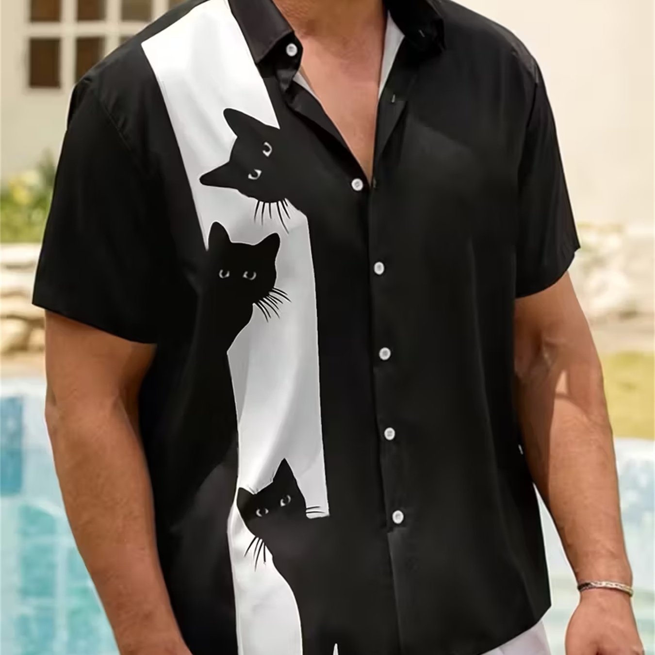 TEMU Men's Black Cat Print Collar Shirt, Breathable Skin-friendly Fabric, Summer Travel/casual Gathering Outfit