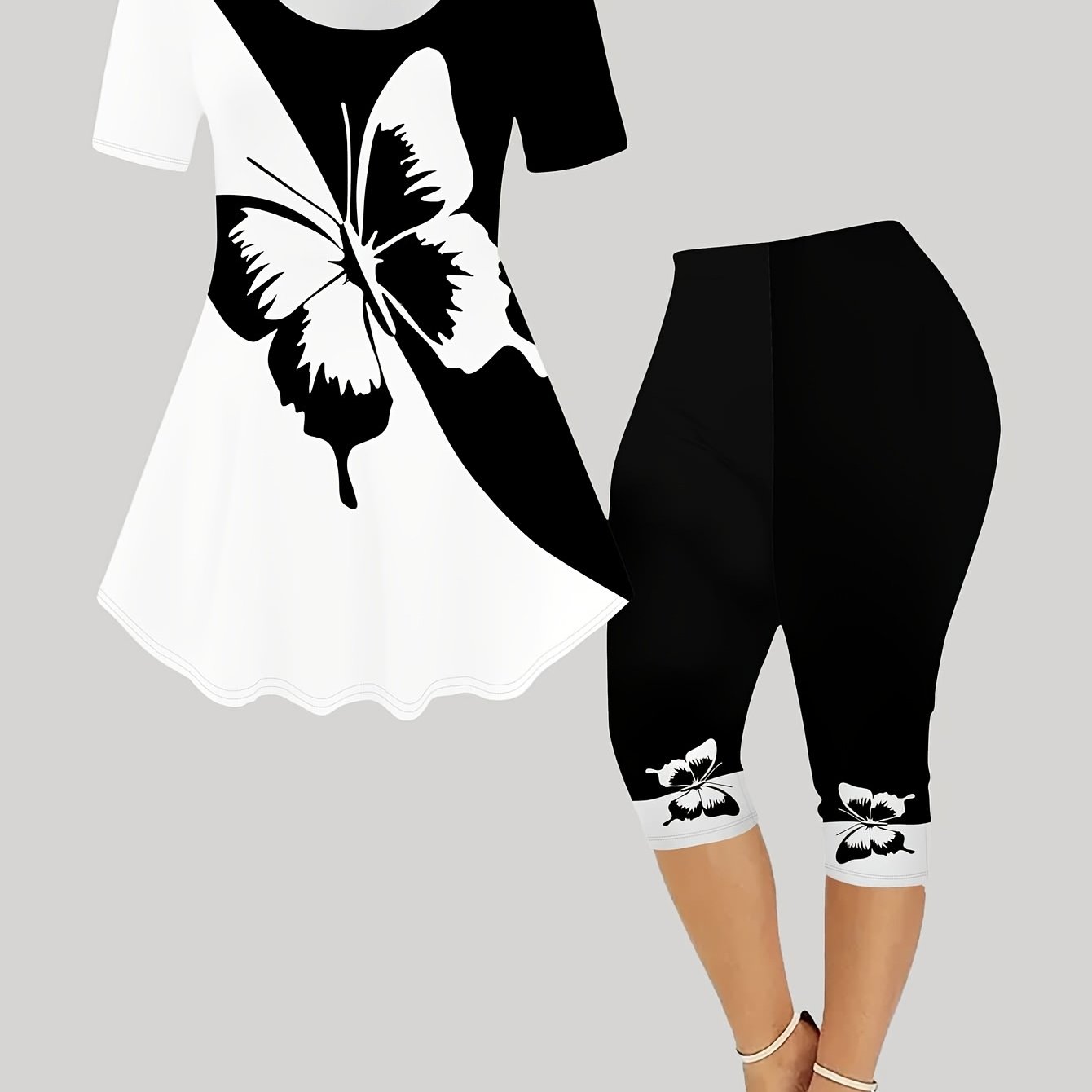 Women's Black And White Print Stylish Short-sleeve Three-quarter Pants Outfit