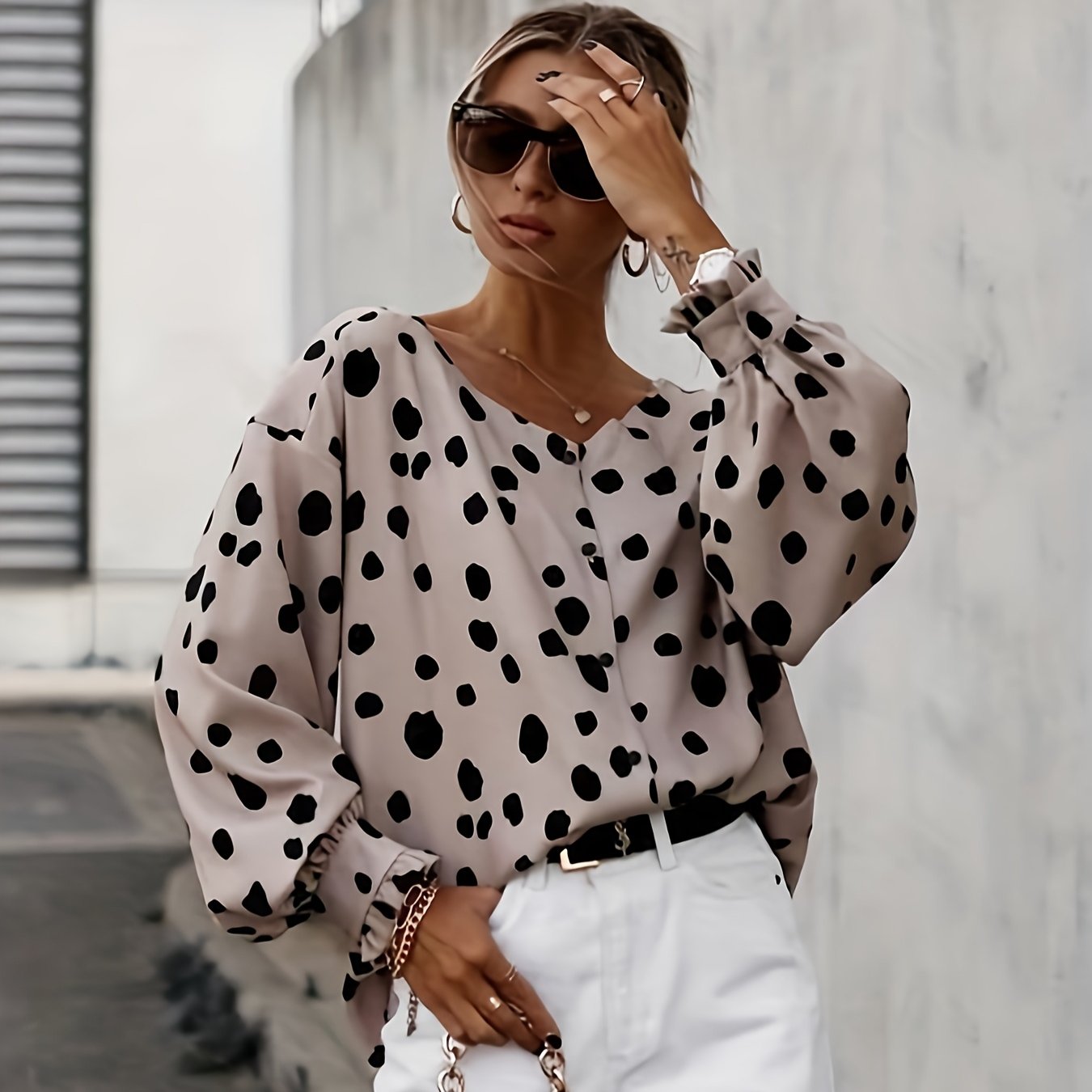Women's Polka Dot Print Button-up Shirt, Fashionable Loose Casual Top, Ns702