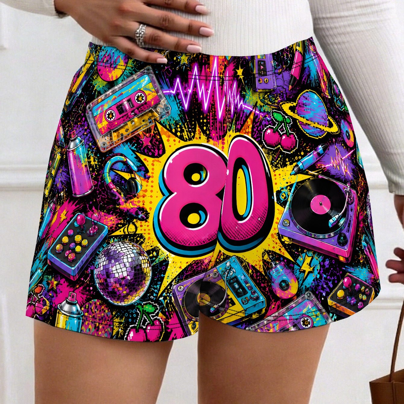 TEMU Vibrant Eighties Graffiti Collage Standard Size Women's Summer Casual Shorts