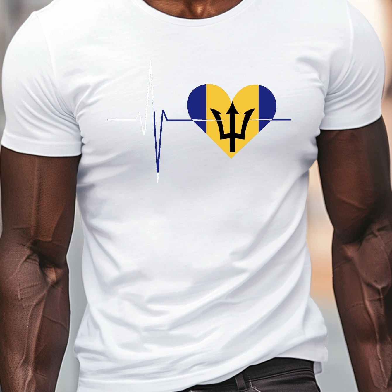 TEMU Barbados-inspired Men's T-shirt - Casual Crew Neck, Short Sleeve, Lightweight & Comfy Summer Tee With Geometric Print