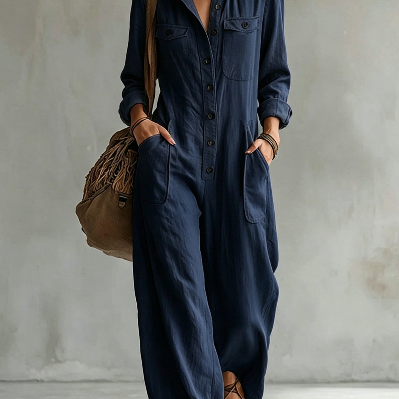 Women's Linen Utility Jumpsuit With Lapel, Long Sleeve, Loose Wide Leg Casual Vacation Romper