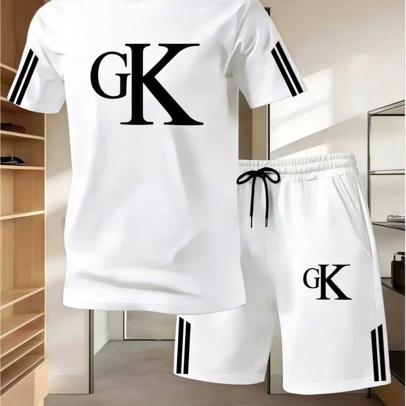 Image of Gk Letter Print Men's Summer Casual T-shirt 2pcs Set, Fashionable Casual Short Sleeve Trendy Sporty Versatile Outfit