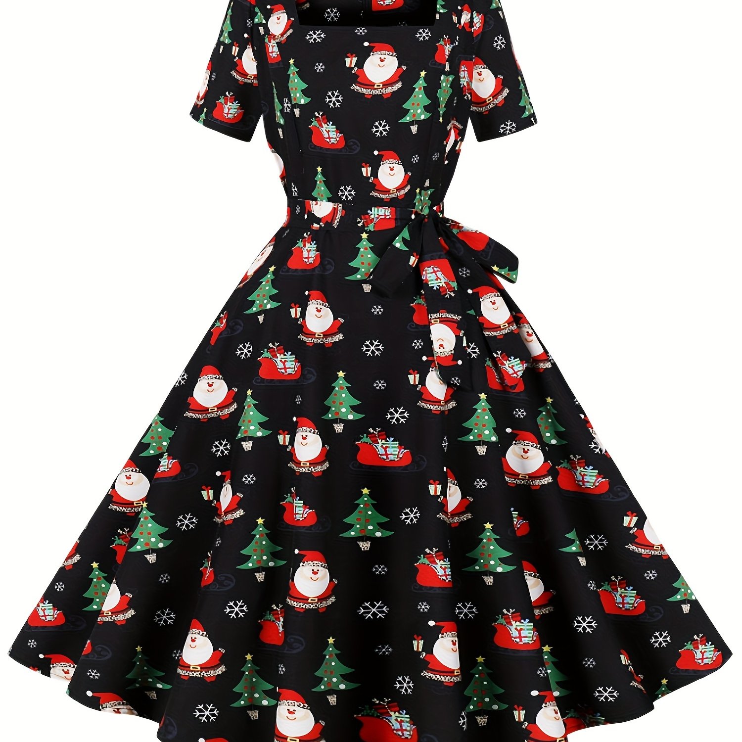 Image of Vintage Casual Dress With Christmas Print, Square Neckline, Short Sleeves, Perfect For Parties