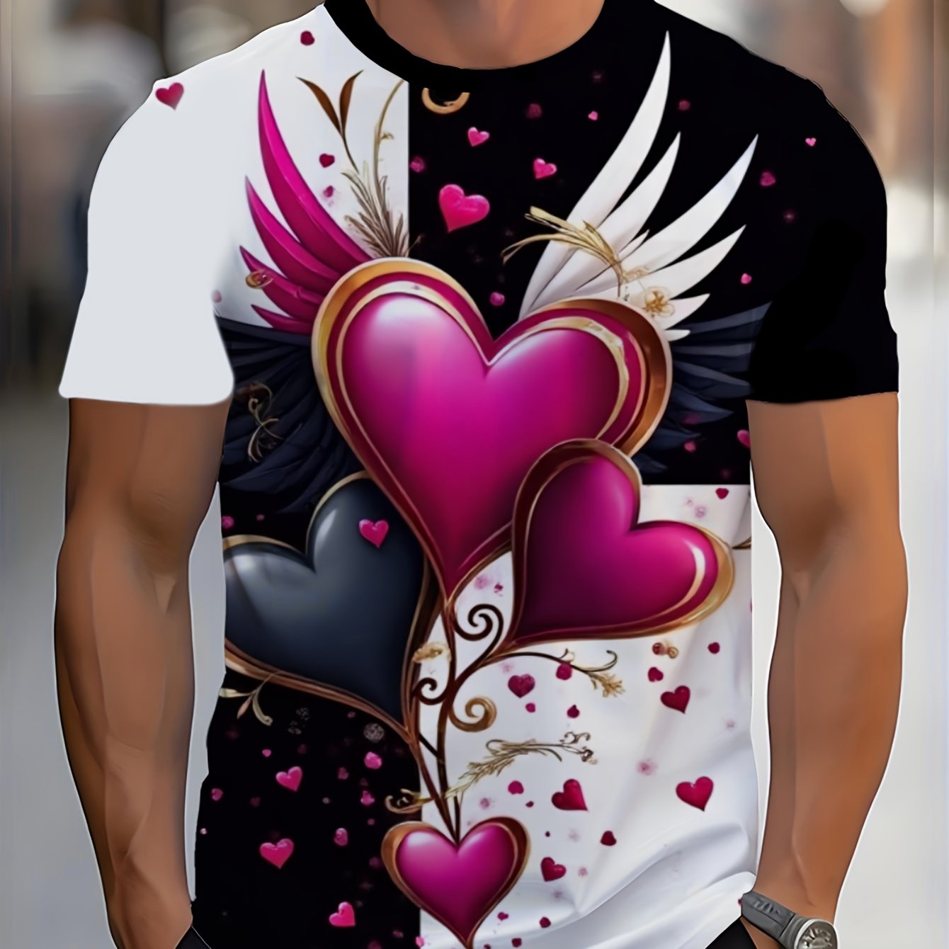 TEMU Latest Men's Patterned Round Neck T-shirt? And White Background, Using , Navy Blue And Golden, Emphasizing Heart And Wing Patterns, , Casual