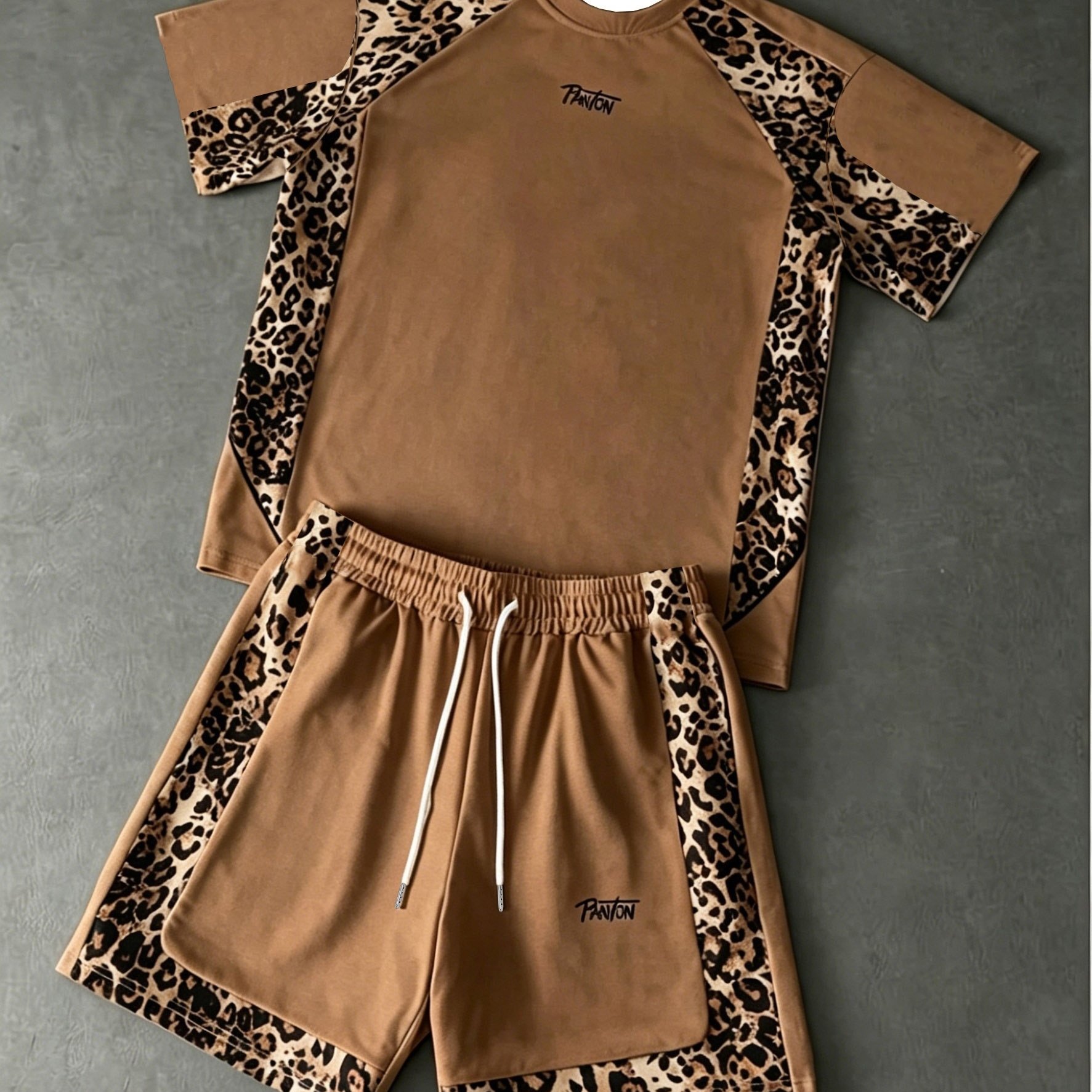 TEMU 2026 Summer New Leopard Sports Set Men's Short Sleeve And Shorts 2pcs Set Trendy Outdoor Casual Breathable Light Luxury Premium