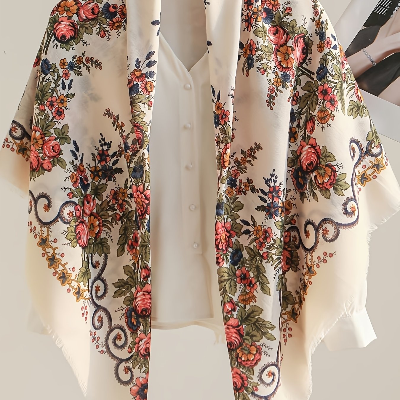 TEMU Plus Size - New Plus Size Vintage Floral Print Outerwear Top, Women's Loose Shawl Cardigan, Travel And Party Versatile