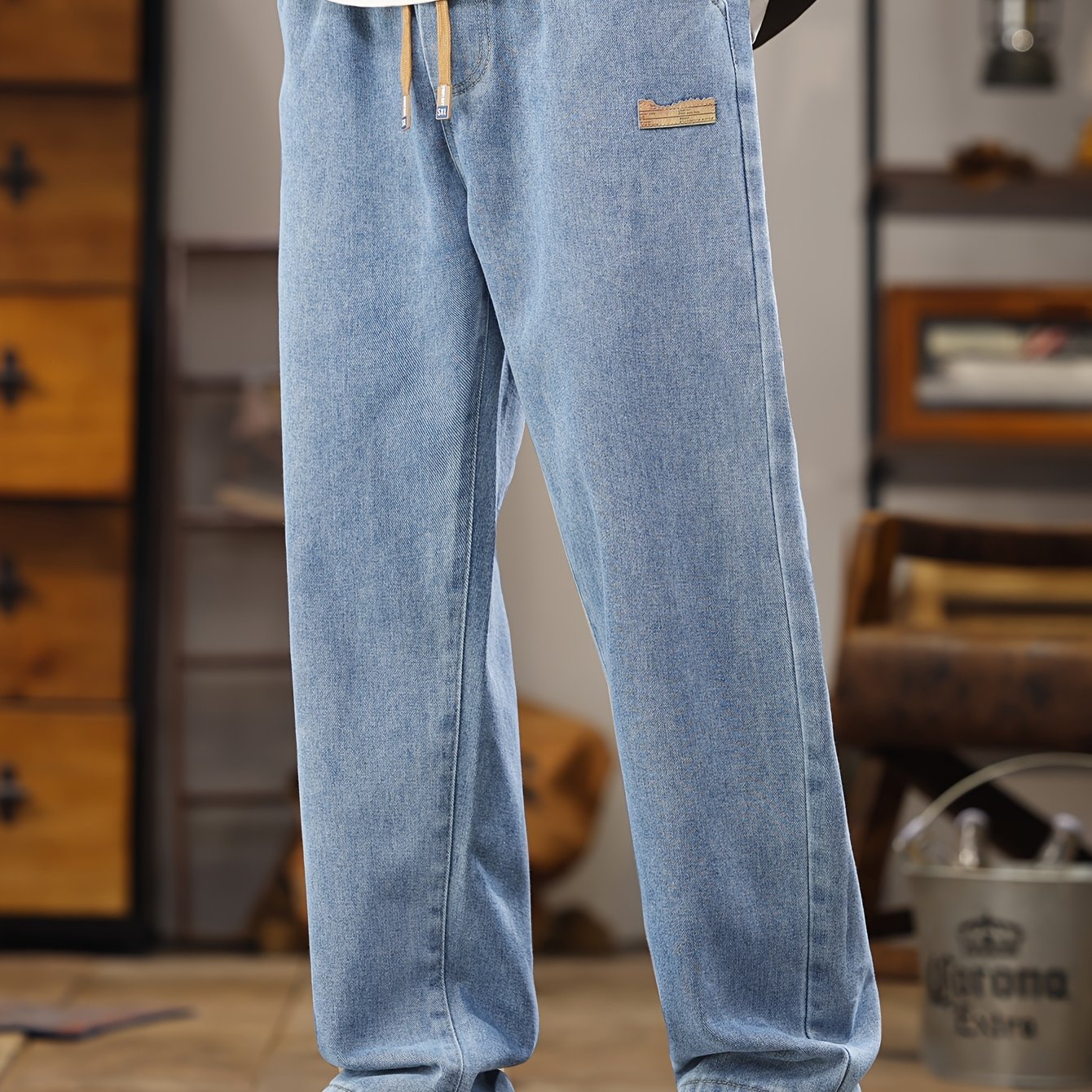 Image of Spring And Autumn Light Blue Washed Jeans Men's Straight Loose Drawstring Style Elastic Waist Korean Fashion Trendy Brand Casual Long Pants For (gengyuan Shi)