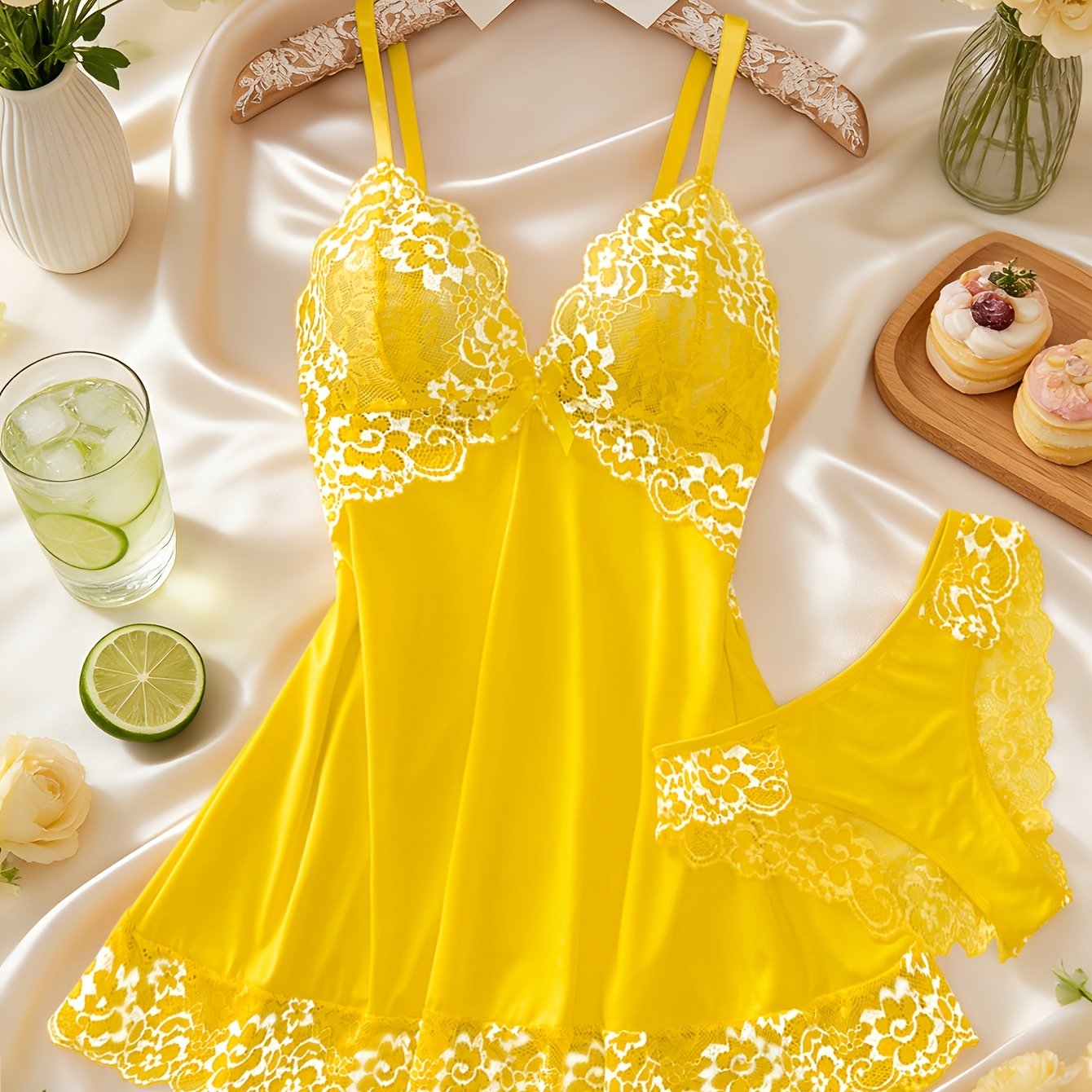 TEMU 2pcs Lace-trimmed Women's Sleepwear V-neck Bow Thin Strap Nightdress Comfortable Underwear Romantic Elegant Women's Loungewear