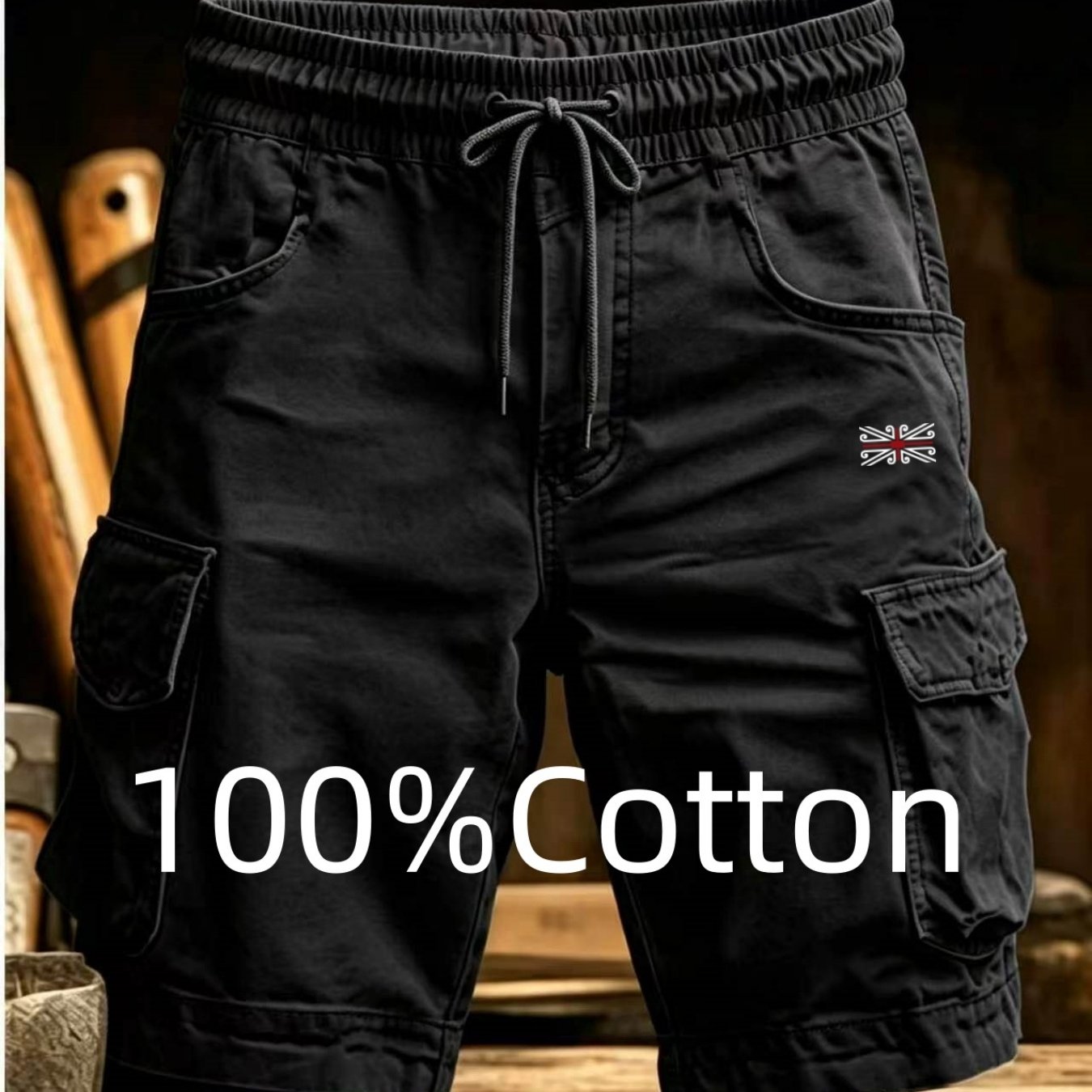 Image of Men's 100% Cargo Shorts, Elastic Waist With Drawstring Casual Work Shorts, Flag Printed Multi-pocket Outdoor Casual Summer Shorts