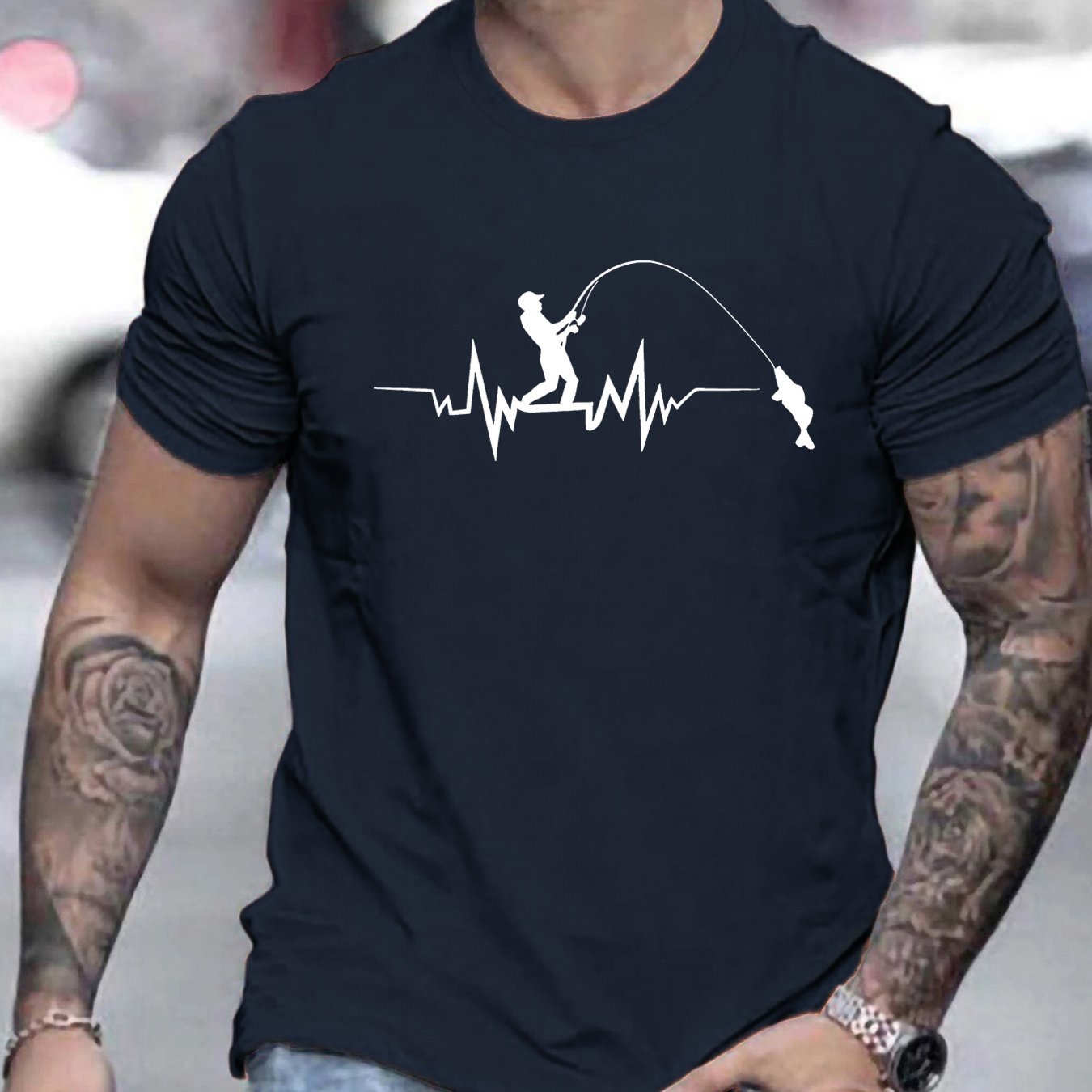 TEMU [instant Heartbeat Of Fishing] Print Round Neck T-shirt, Emphasizing Excitement During Fishing, Suitable For Fishing Activities And Outdoor