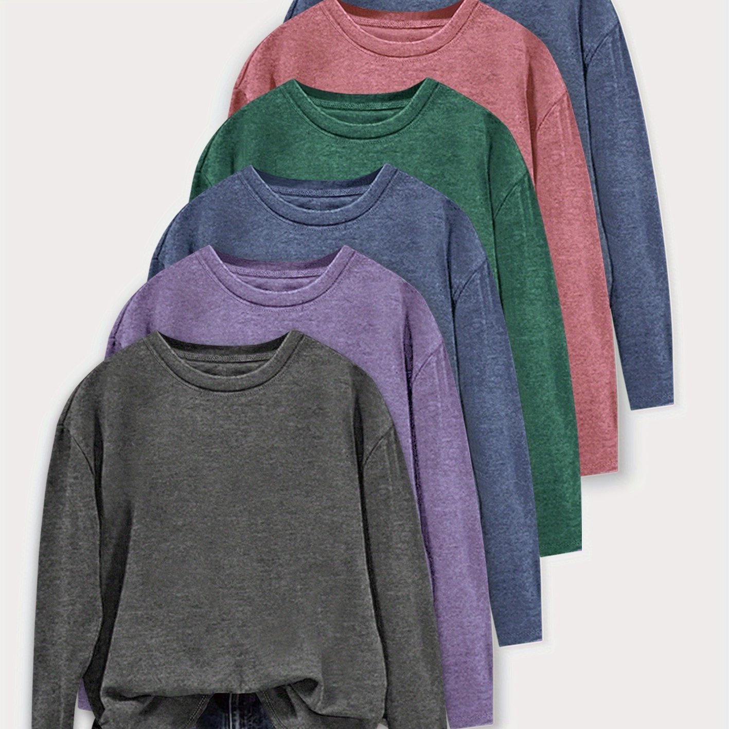 TEMU [6-pack] Fashion Solid Round Neck Long Sleeve T-shirts Spring Summer Autumn Winter Elegant Women's Top Daily Versatile
