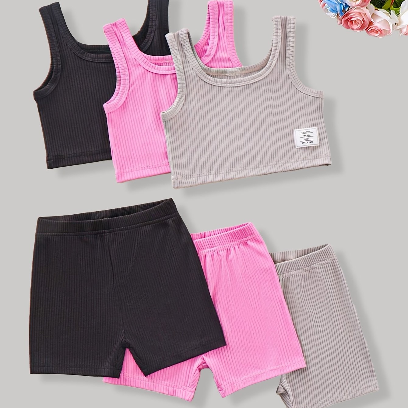 Image of 6pcs Set Of Girls' Casual And Cute Camisole Tops And Shorts. Comfortable And Versatile, Perfect For Outdoor