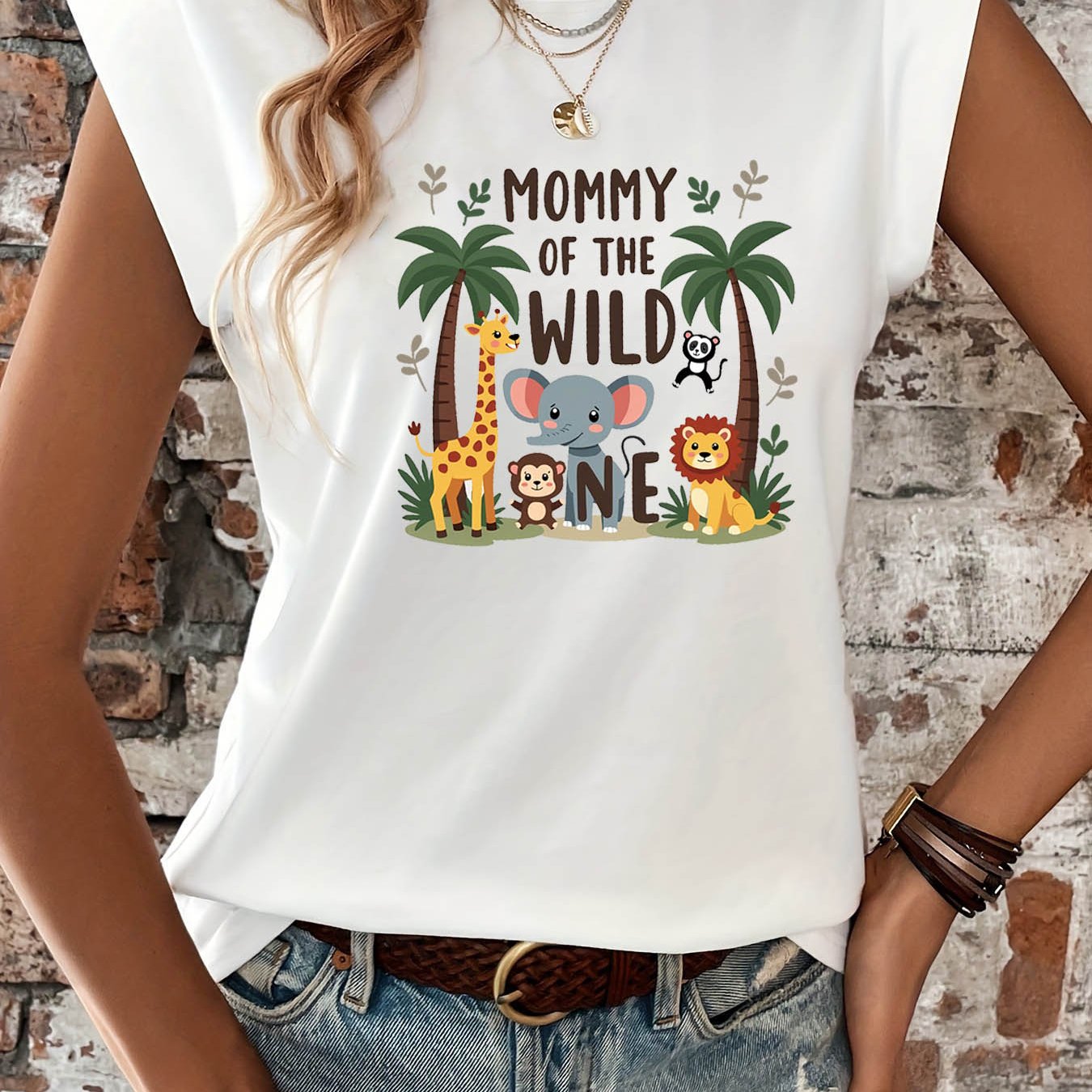 TEMU T-shirt senza maniche da donna "Wild One Mommy" a tema animalier | Top casual decorato con animali e slogan, outfit vivace marrone-verde per