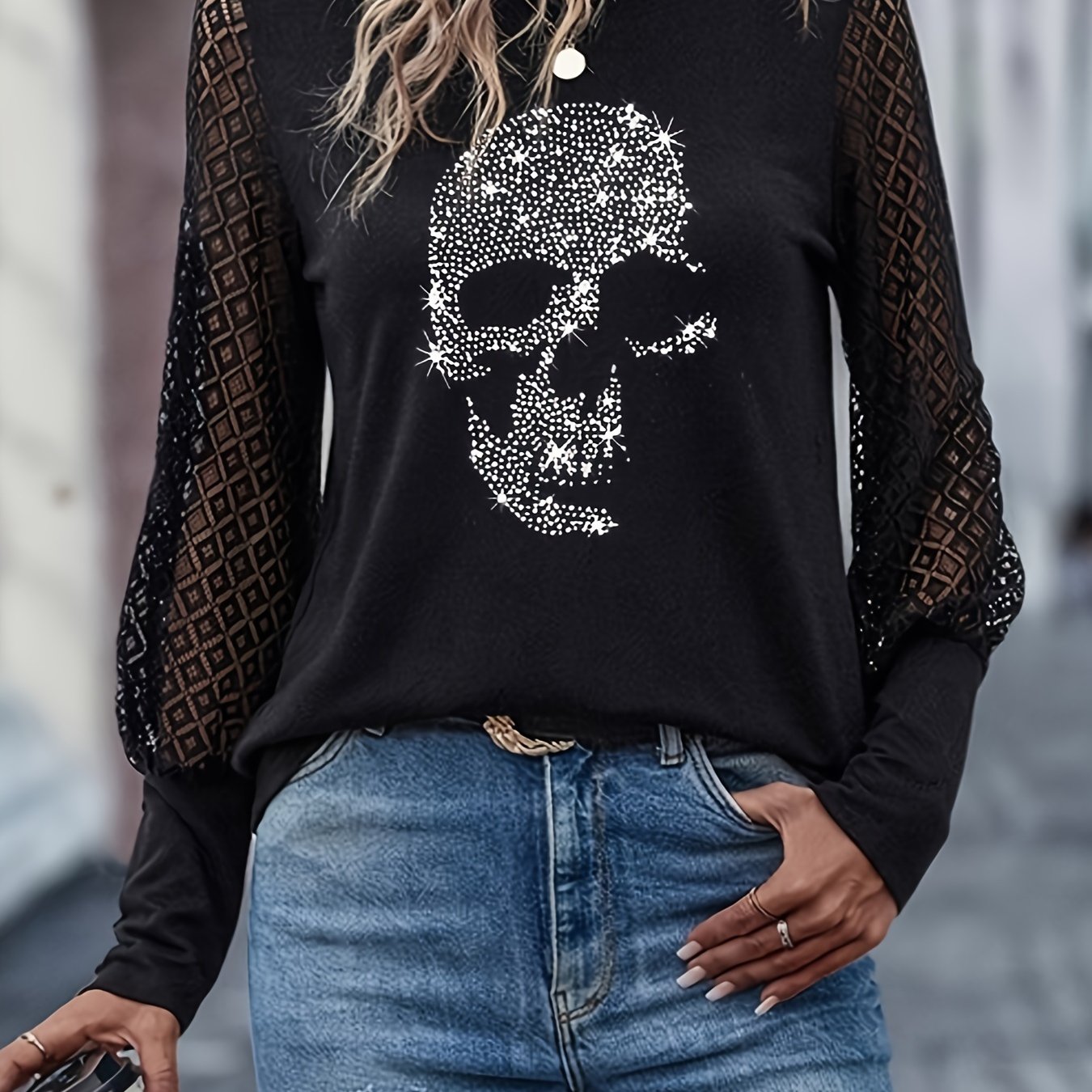 Image of Women's Rhinestone T-shirt Autumn Long Sleeve Women's Top Elegant T-shirt