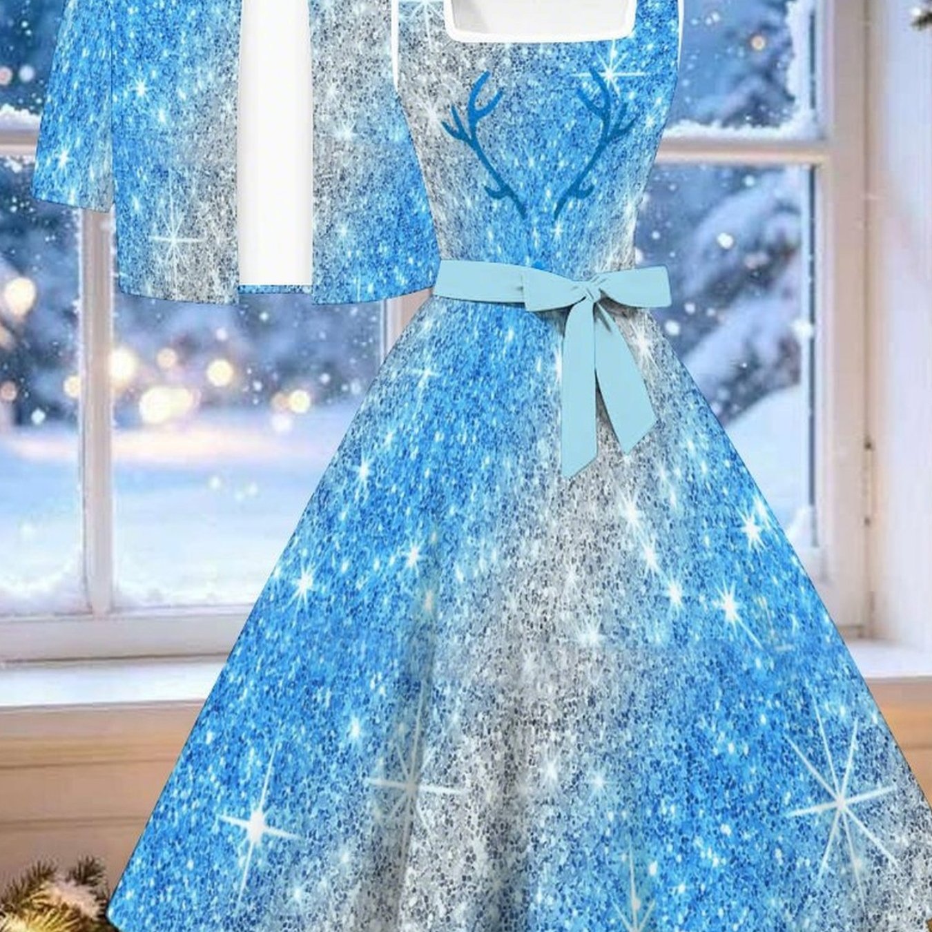 Image of Plus Size, Christmas Women's Outfit, Plus-size Dress Set For Women, Full-body Christmas Pattern Print, Casual Party, Comfortable Material, Stylish And Unique Short-sleeve Jacket With Vest Dress Set