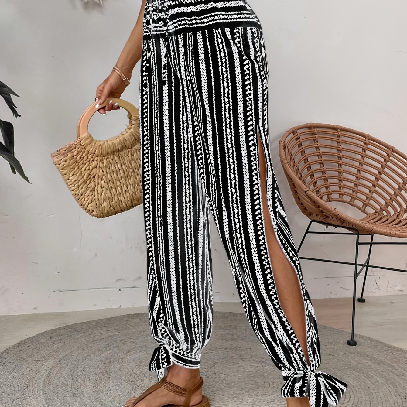 TEMU 1 Pair Of Summer Casual Women's Pants, With A Beautiful And Elegant Side Slit Tie Design, And Comfortable And Breathable Fabric