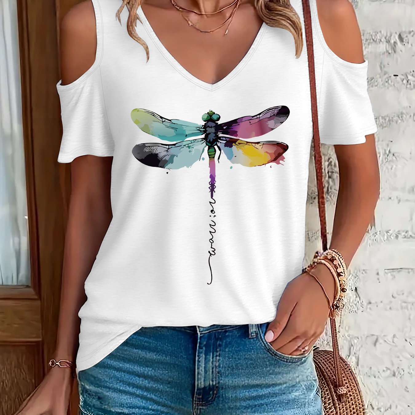 TEMU T-shirt à Imprimé Graphique, Haut Décontracté à Manches Courtes et Col en V pour l'Été et , Vêtements pour Femme