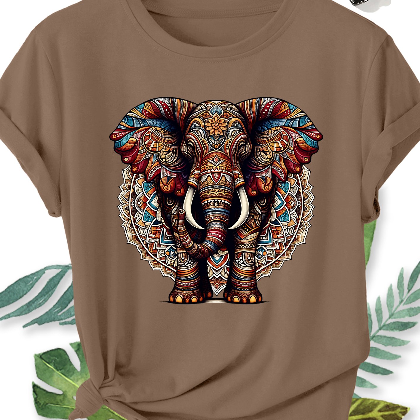 TEMU Women's Plus Size Loose Fit Mandala Elephant Print T-shirt - Soft Breathable Round Neck Short Sleeve Blouse-compatible Top Suitable For