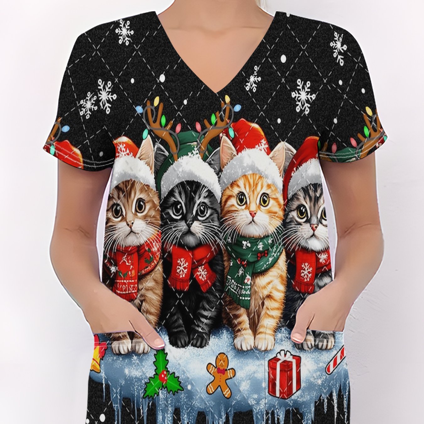 TEMU Uniforme d'infirmière de Noël pour femmes, chat de Noël et amusant avec image, chaton portant chapeau et écharpe avec t-shirt imprimé de neige