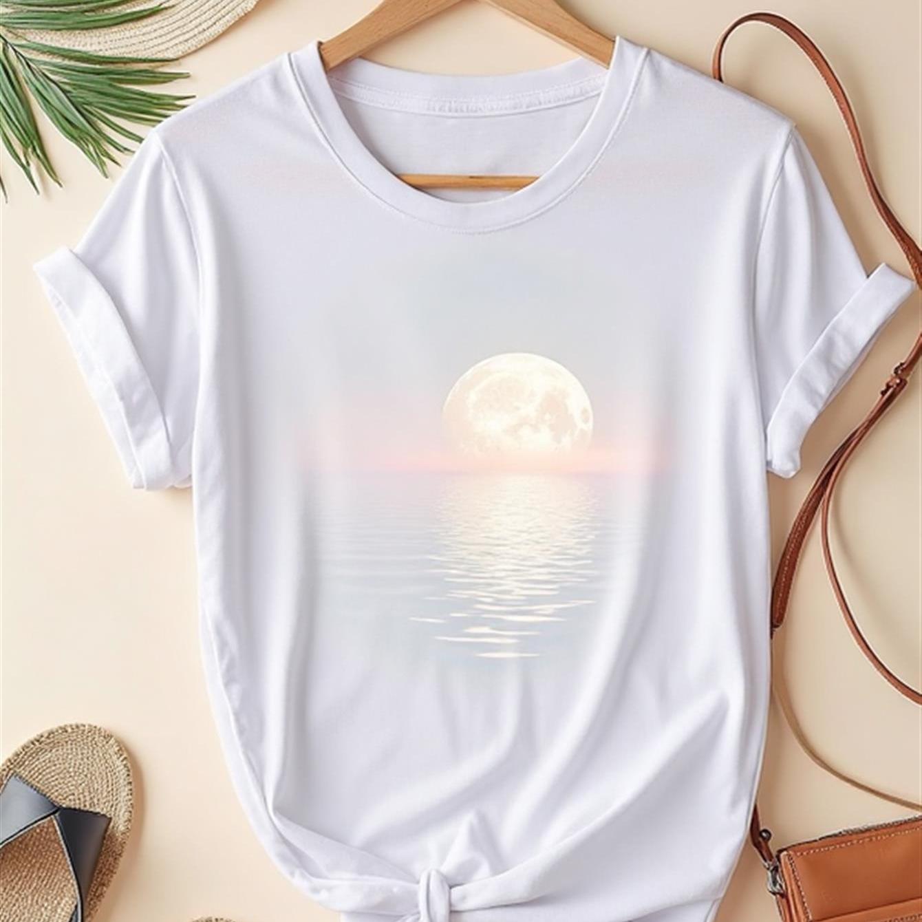 A T Shirt Designed With Moonlight Theme Women's T Shirt High Quality Pure T Shirt Summer Beach Vacation Casual Wear Gift For Who And Scenery