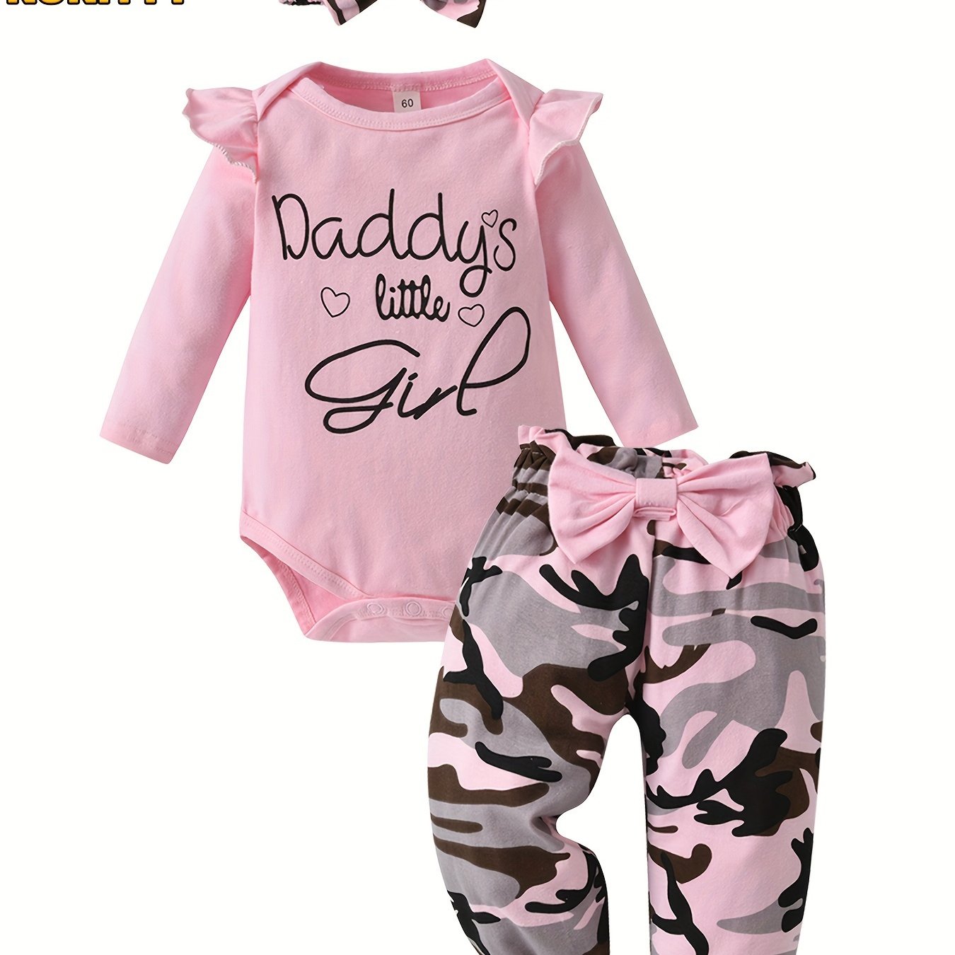 TEMU Kukitty Baby Girl Clothes Long Sleeve Ruffle "" Tops + Camouflage Bow Pants + Headband | Crew Neck, Slight Stretch Fabric, , For Outdoor