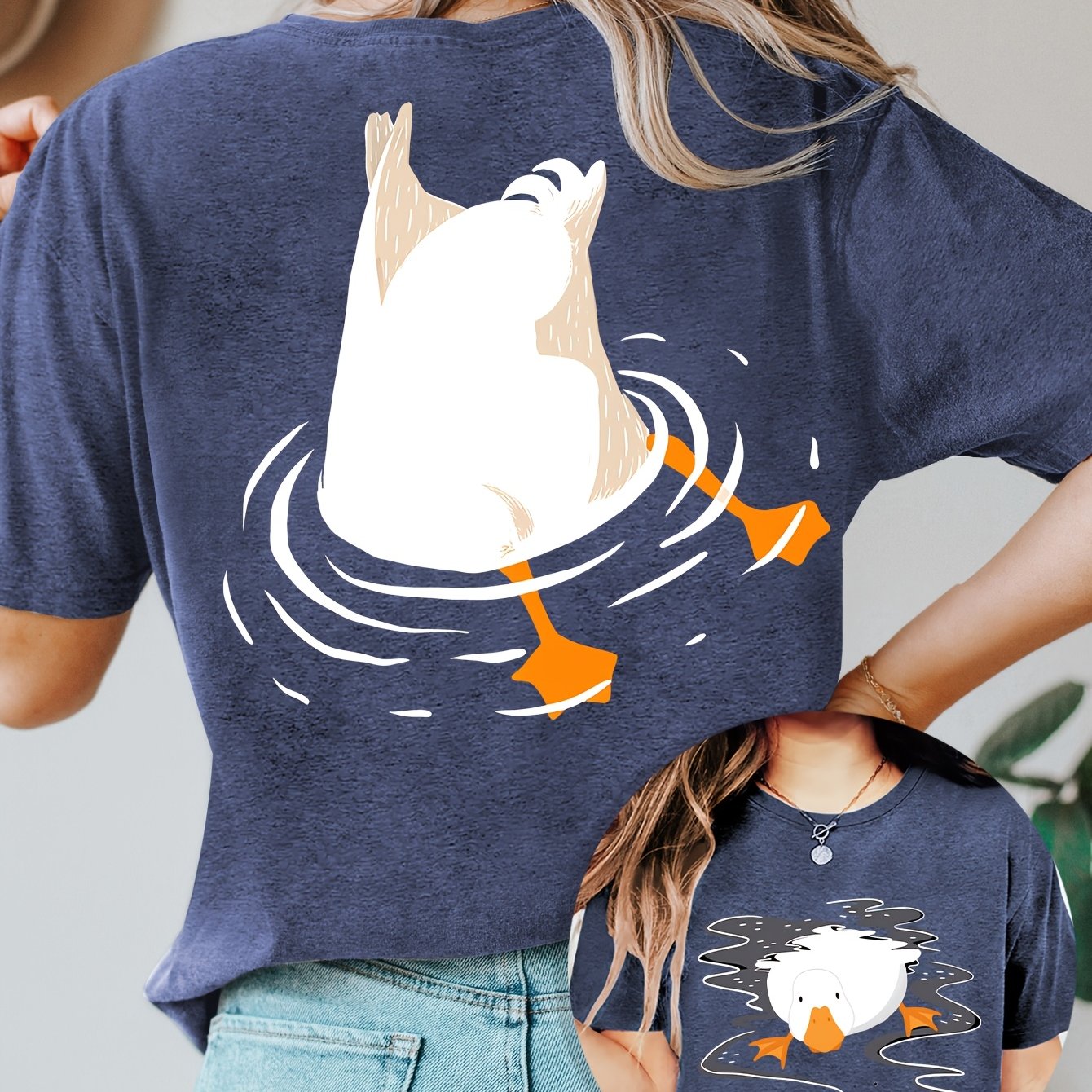 TEMU Women's Summer Clothing, Duck Diving Reversible Print Round Neck Short Sleeve T-shirt, Comfortable Soft Fashionable Elegant Party Vintage Casual