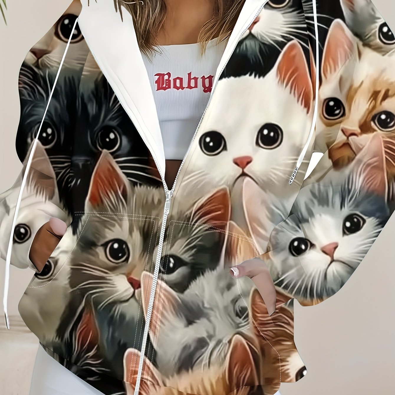 TEMU Plus Size - Plus Size - Cute Cat Pattern Women's Zip-up Sweatshirt, Fashionable And Comfortable, Plus Size Women's Zip-up Hooded Sweatshirt,