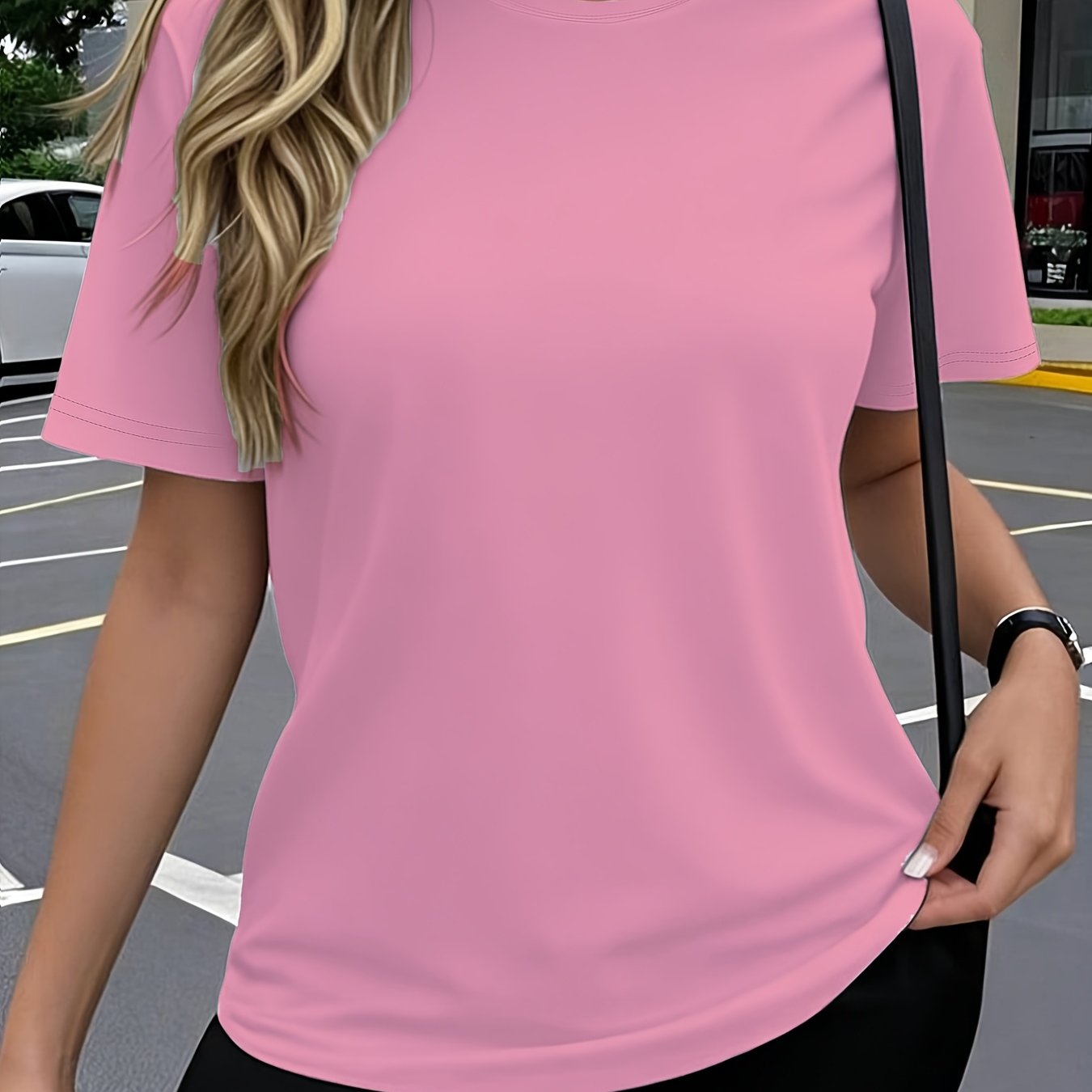 TEMU Pink M Round Neck Short Sleeve T-shirt Women' Casual