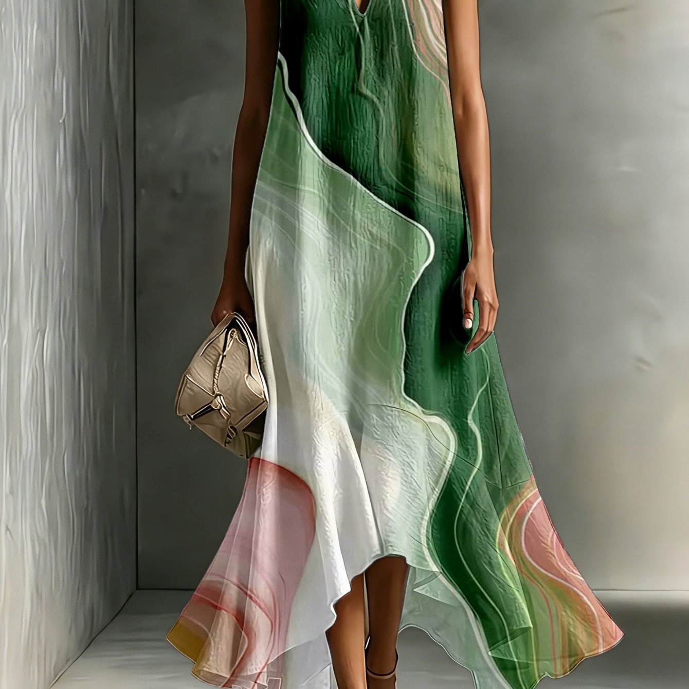 Women's Sleeveless V-neck Long Dress, Flowing Print, Loose Irregular Hem, Long Skirt, Casual Vacation Beach Dress - 59