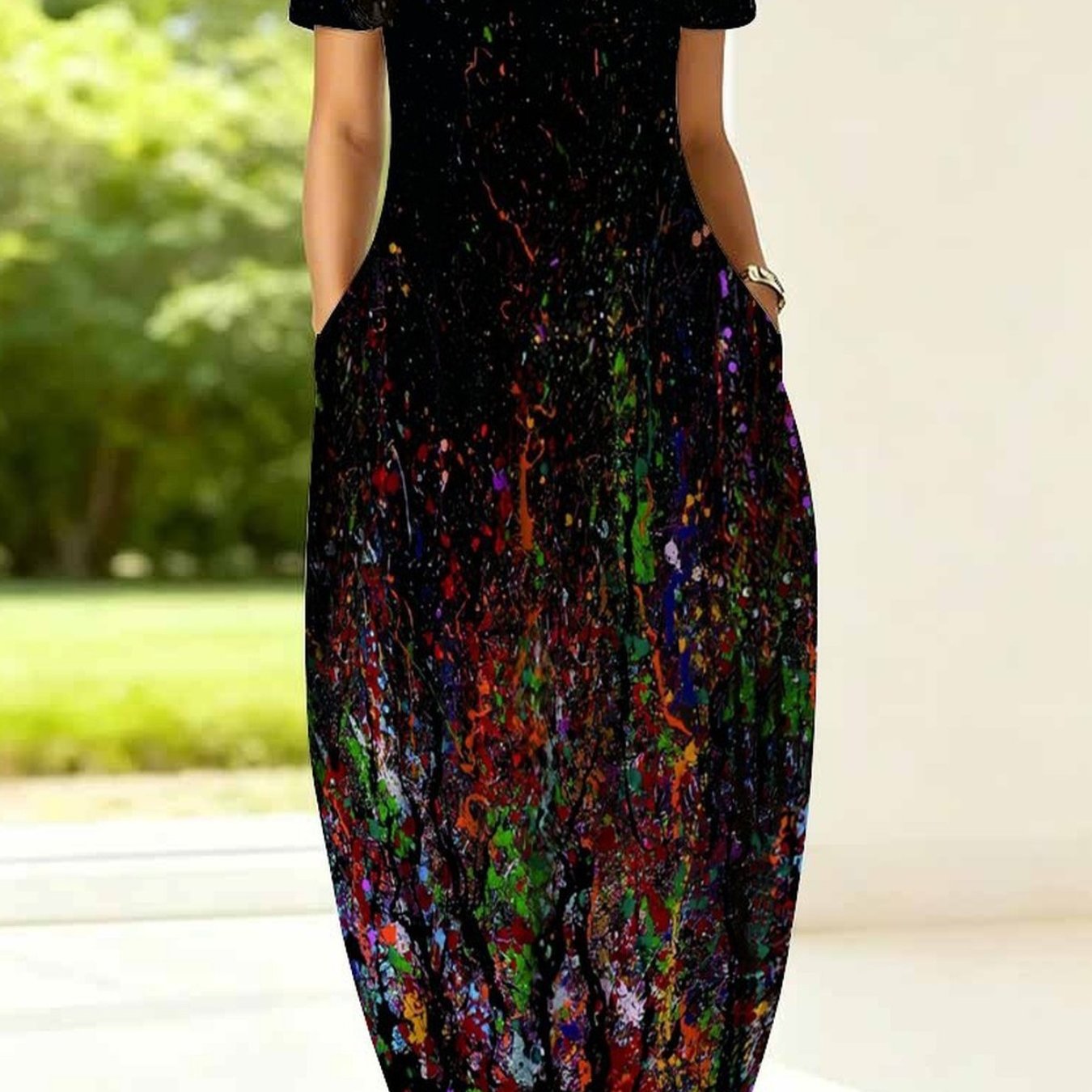 Image of Plus Size - Women's Dress, Women's Plus Size Dress, Tie-dye Style, Full Body Print, Party Occasion, Casual Vacation, Elegant Women's Fashion, Round Neck, Short Sleeve Pocket Dress