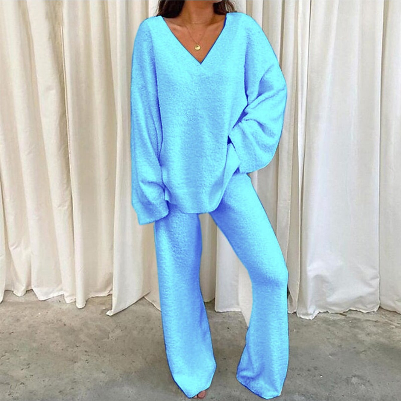 Ladies' Relaxation Outfit, Two-part Ensemble, V-neck Design, Single Hue, Cozy, Warm, Everyday, Attire